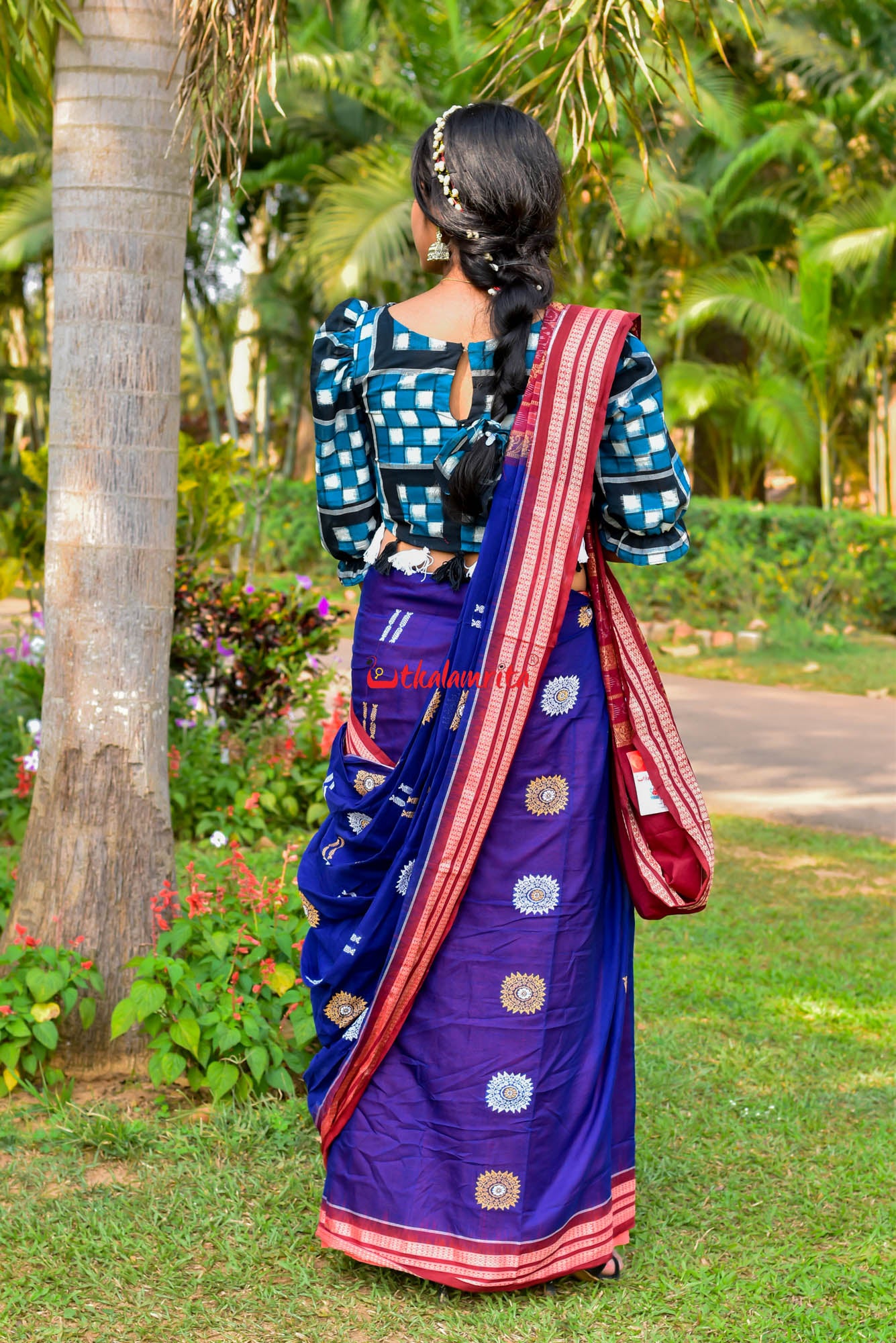 Blue Maroon Padam Bomkai Cotton Saree