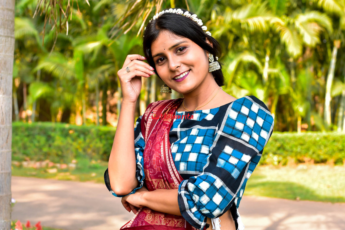 Blue Maroon Padam Bomkai Cotton Saree