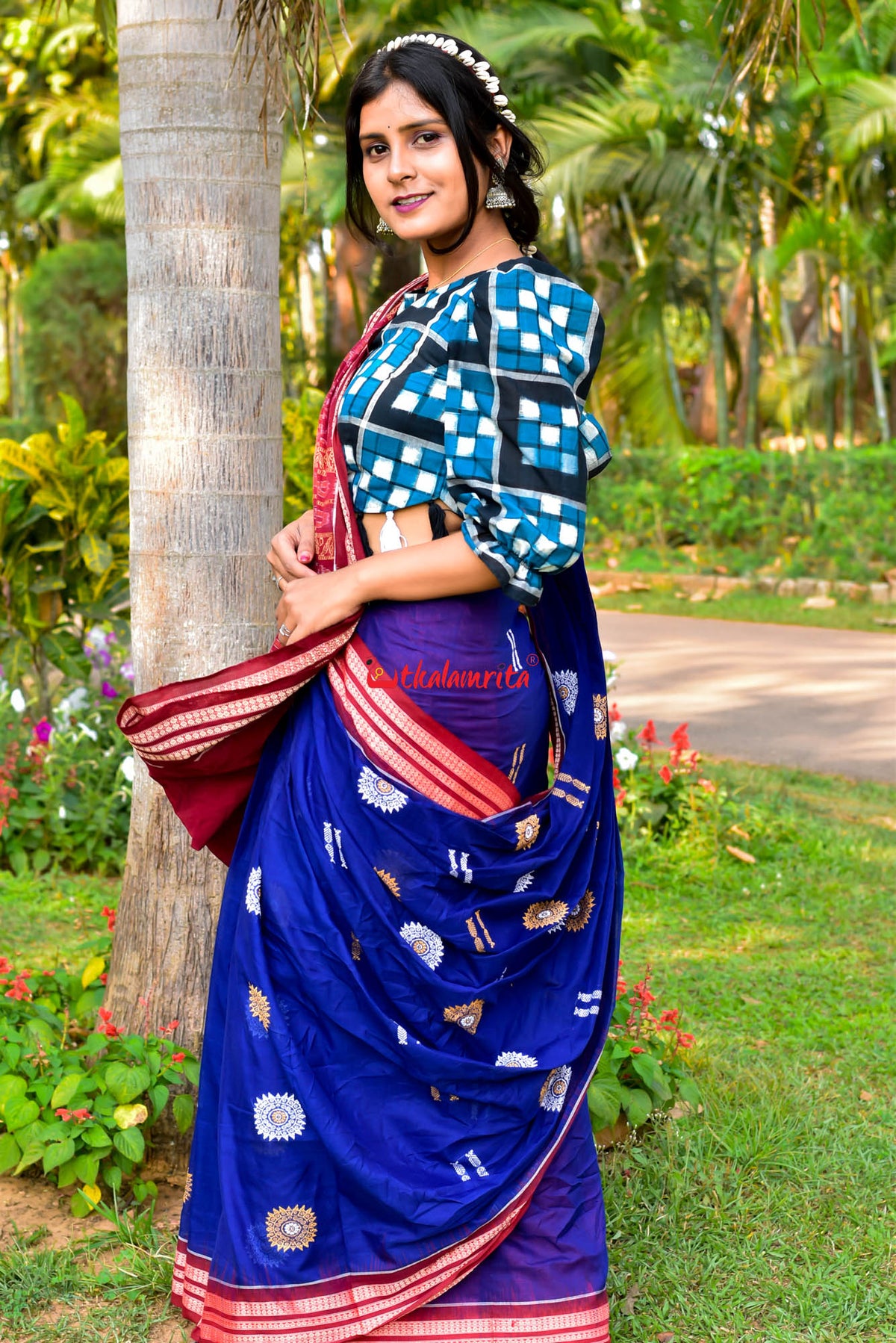 Blue Maroon Padam Bomkai Cotton Saree