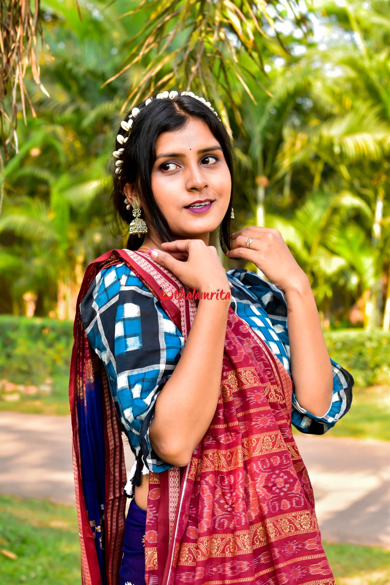 Blue Maroon Padam Bomkai Cotton Saree