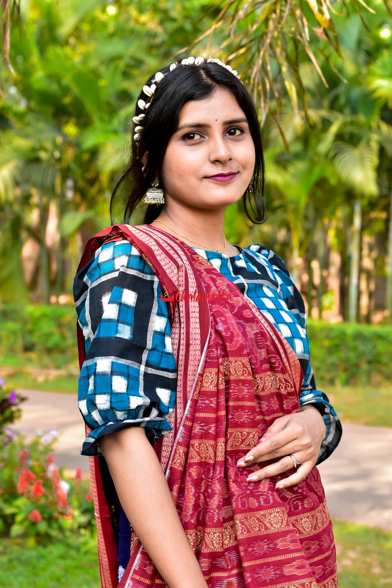 Blue Maroon Padam Bomkai Cotton Saree