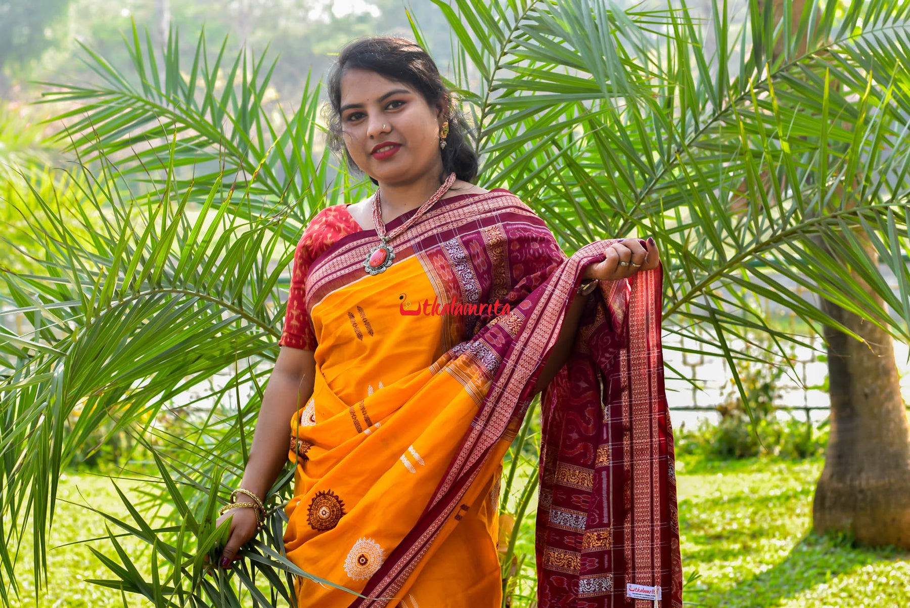 Mustard Maroon Padam Bomkai Cotton Saree