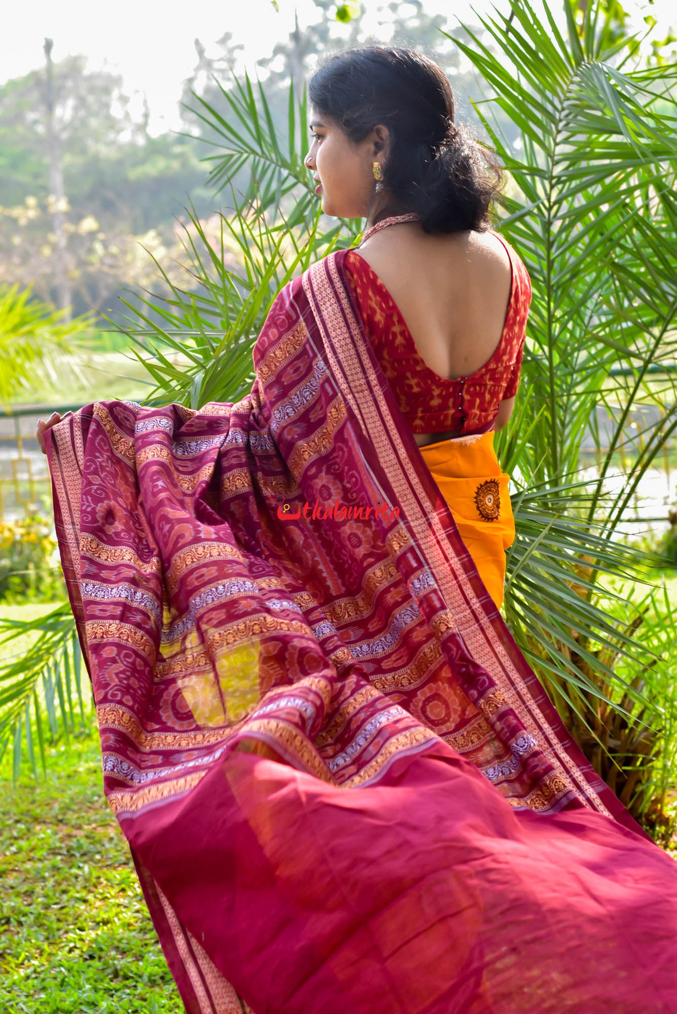 Mustard Maroon Padam Bomkai Cotton Saree