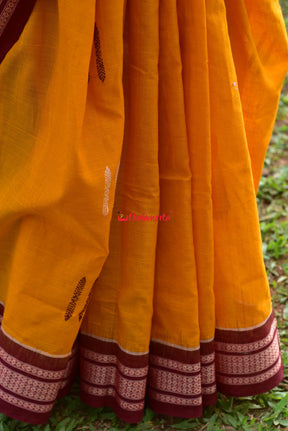 Mustard Maroon Padam Bomkai Cotton Saree