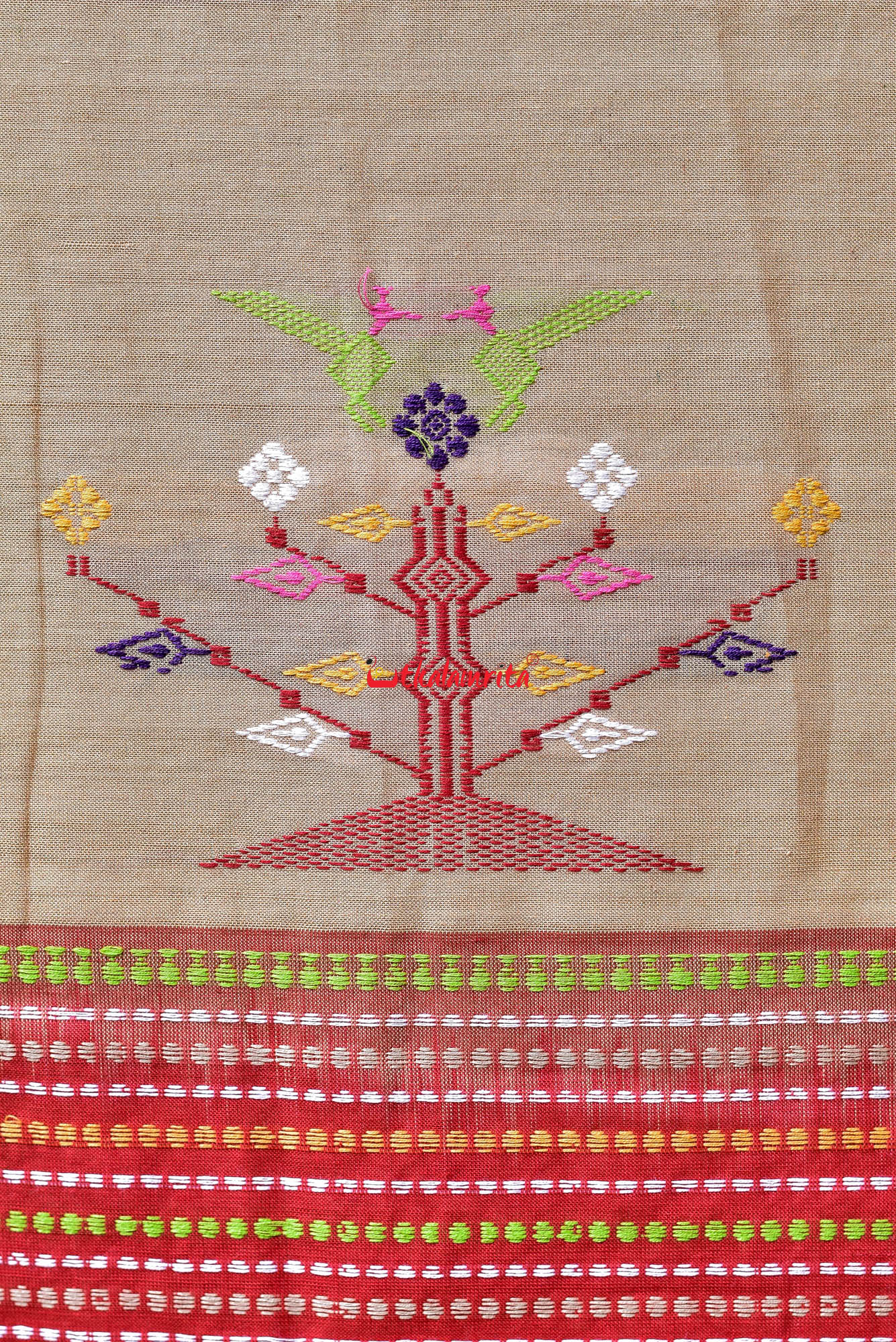 Beige Ganga Jamuna Fishes Bomkai Cotton Saree