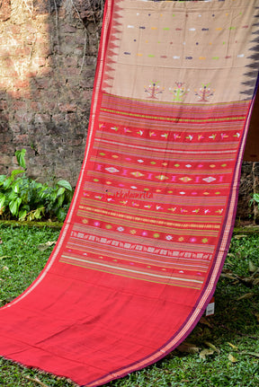 Beige Ganga Jamuna Fishes Bomkai Cotton Saree