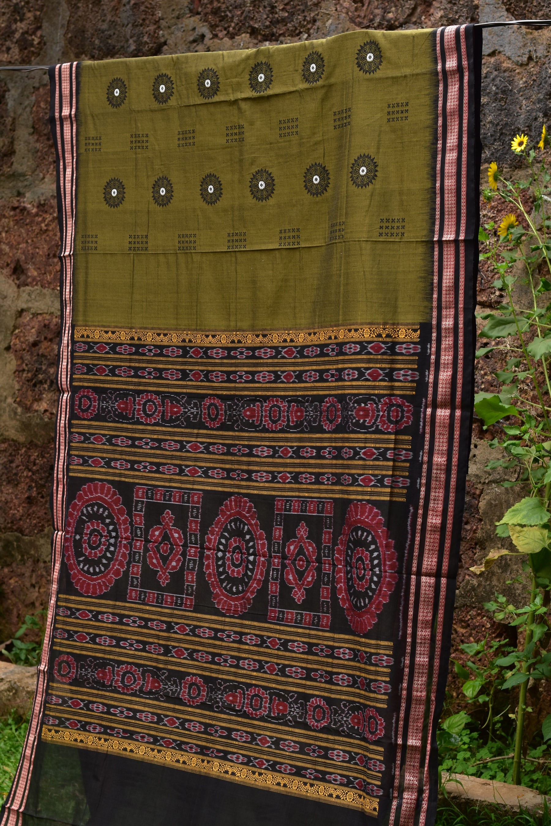Bomkai Cotton Saree, Red, Rama green colour - Swadeshi Dhaaga | स्वदेशी धागा