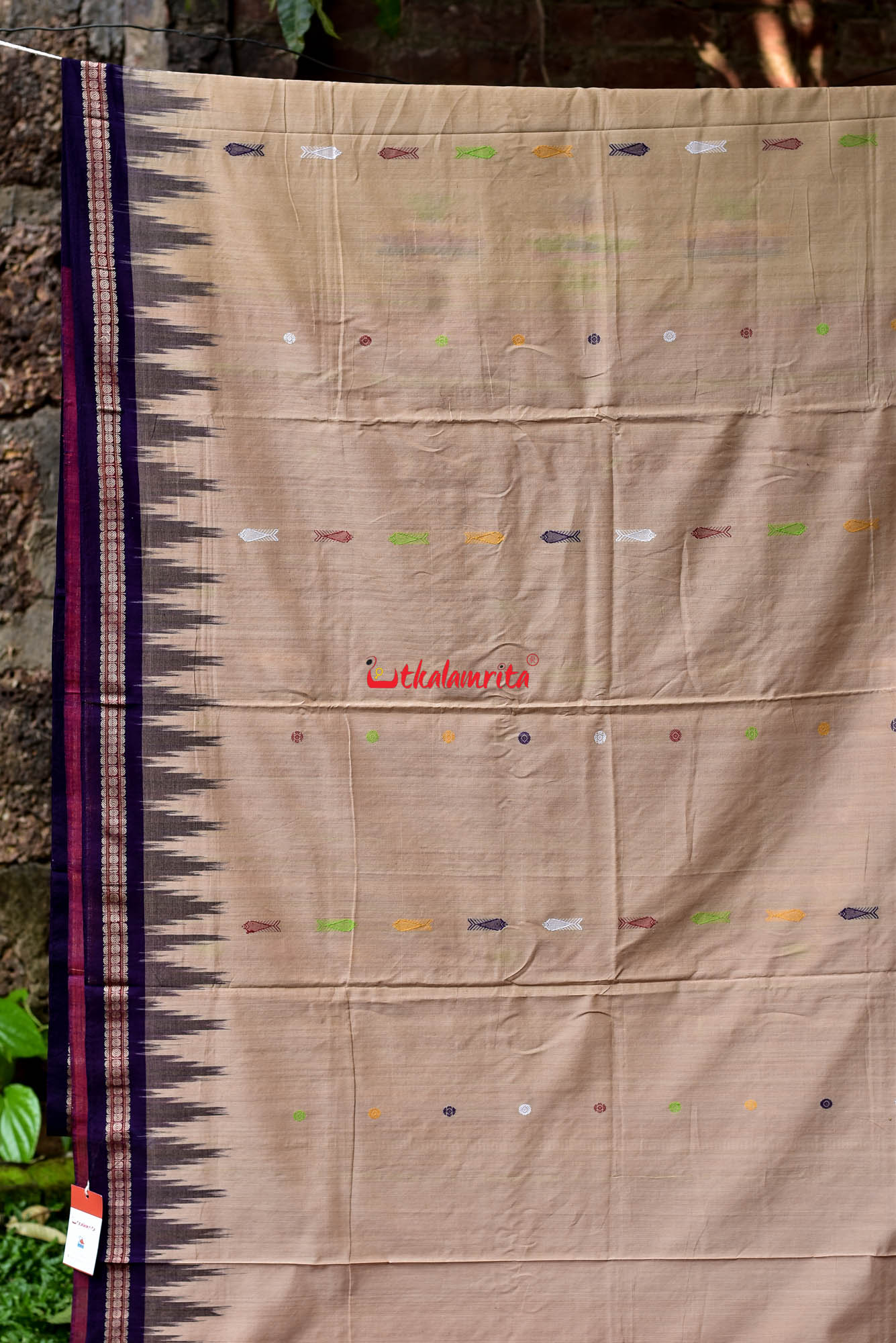 Beige Ganga Jamuna Fishes Bomkai Cotton Saree