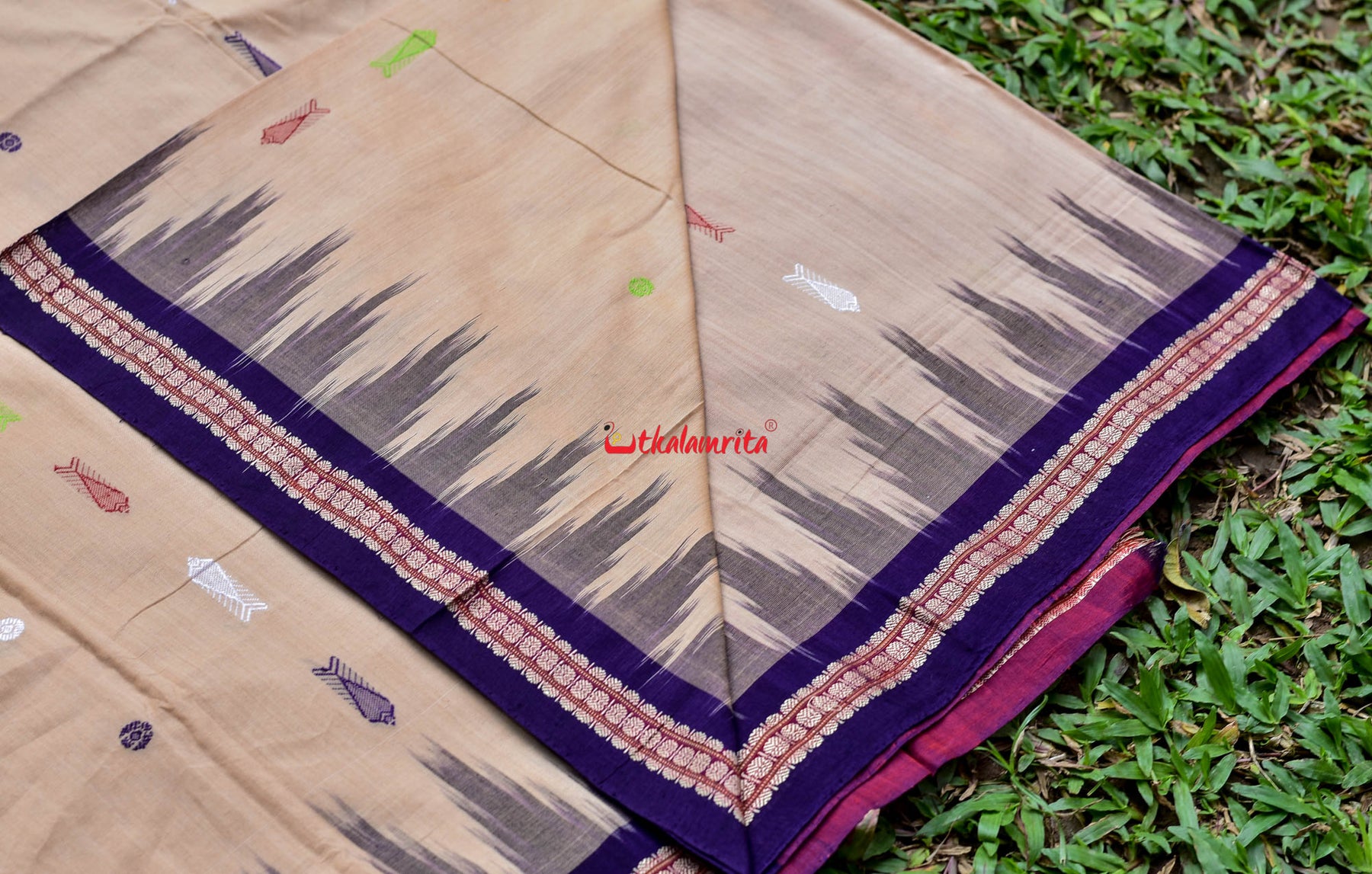 Beige Ganga Jamuna Fishes Bomkai Cotton Saree