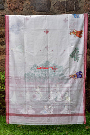 White Red Sutaluga Raja Theme Pattachitra Saree