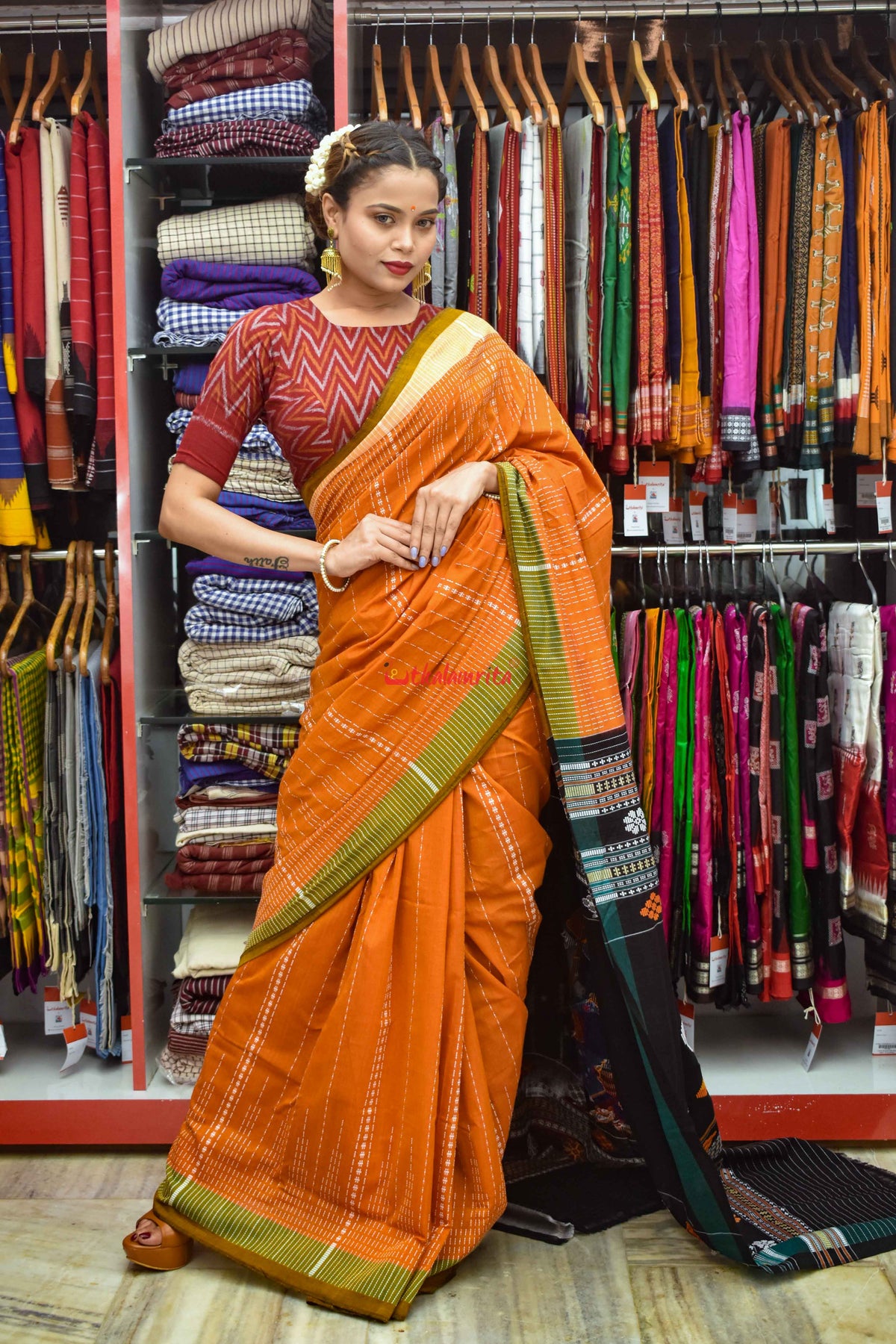 Rust Nartaki Dhalapathar Cotton Saree