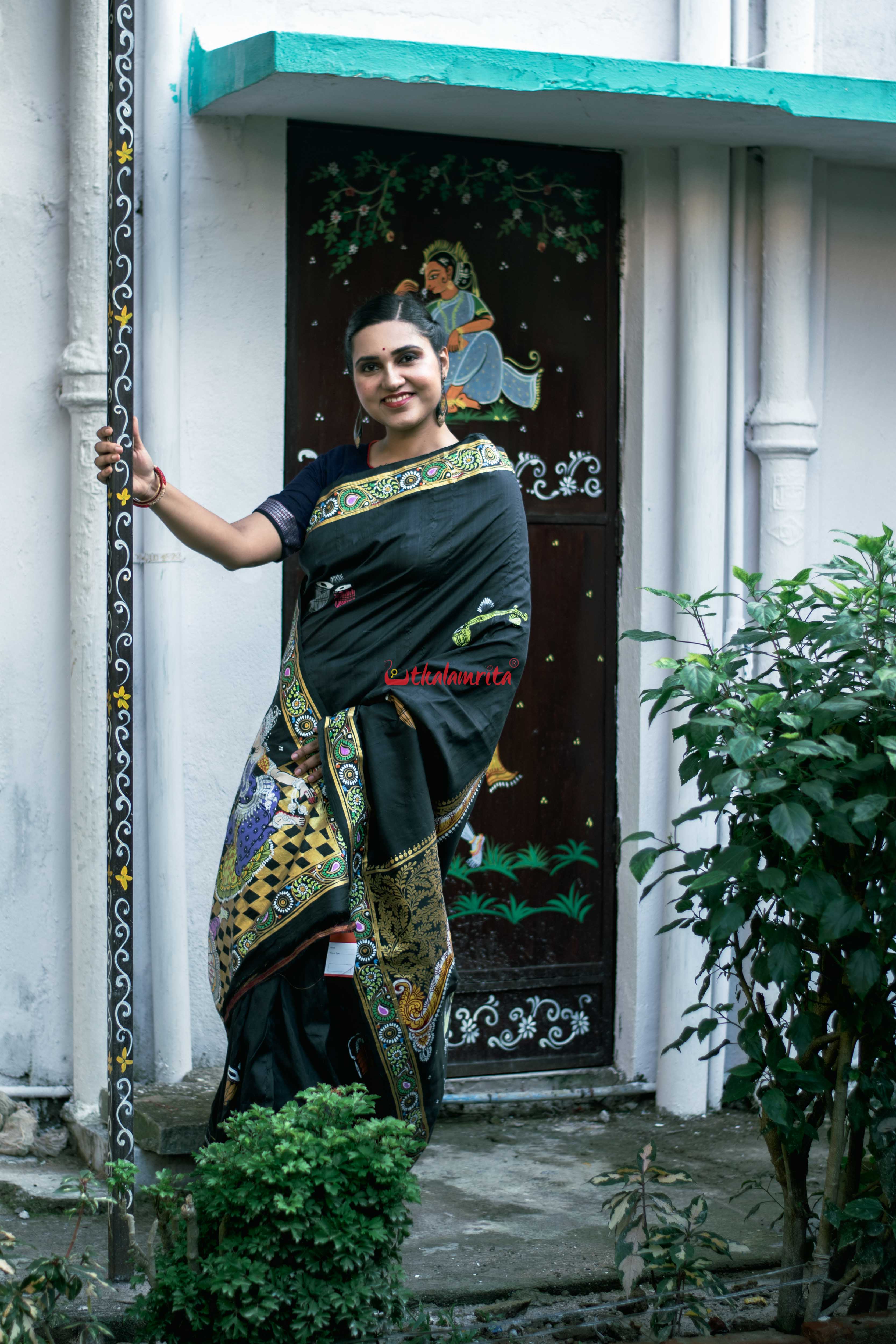 Theme Of Odissi Dancers Pattachitra Silk Saree