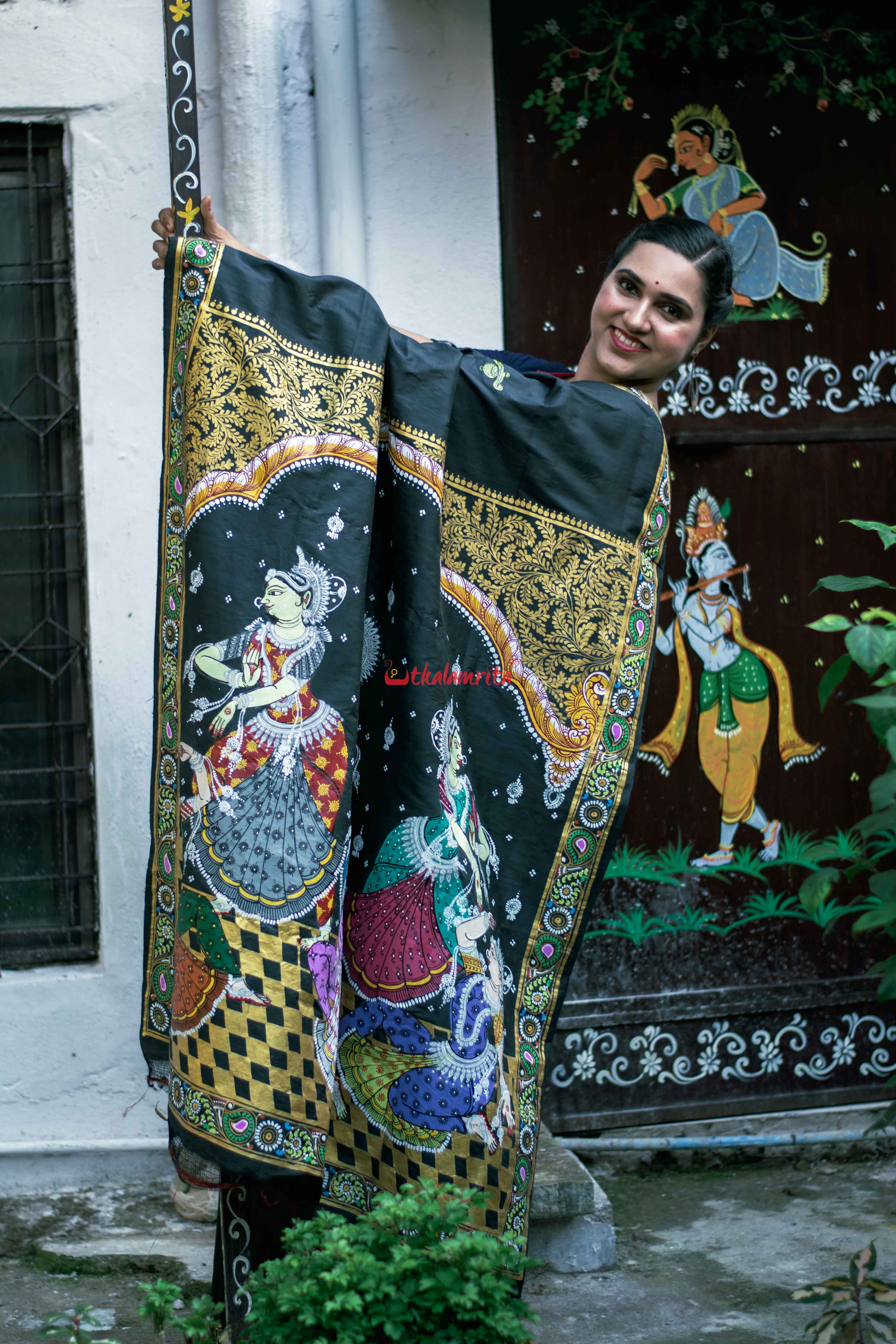 Theme Of Odissi Dancers Pattachitra Silk Saree