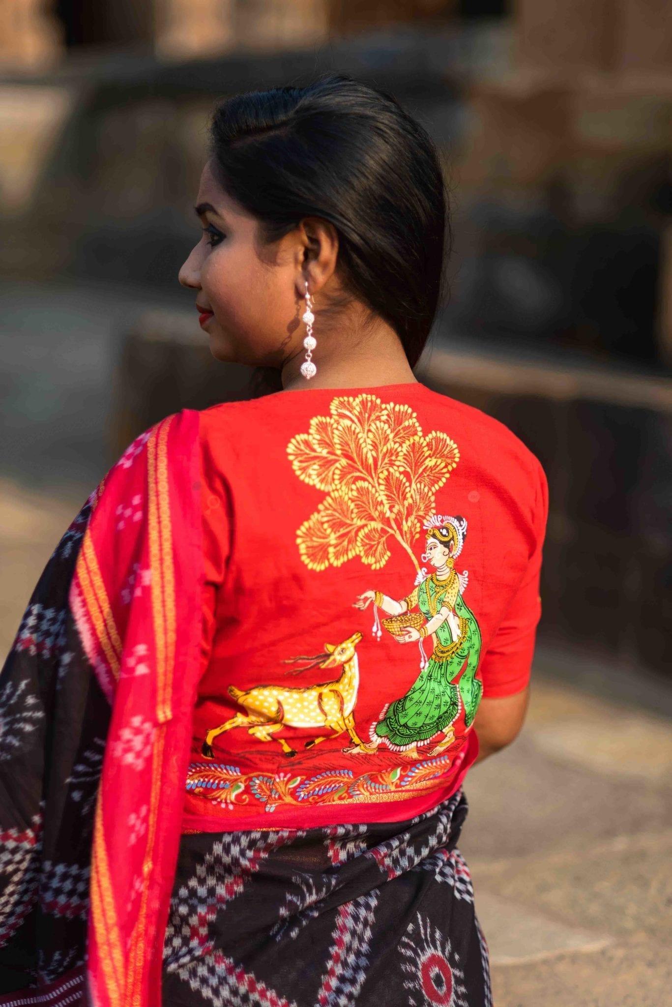 Red Shakuntala and Deer Pattachitra (Blouse)