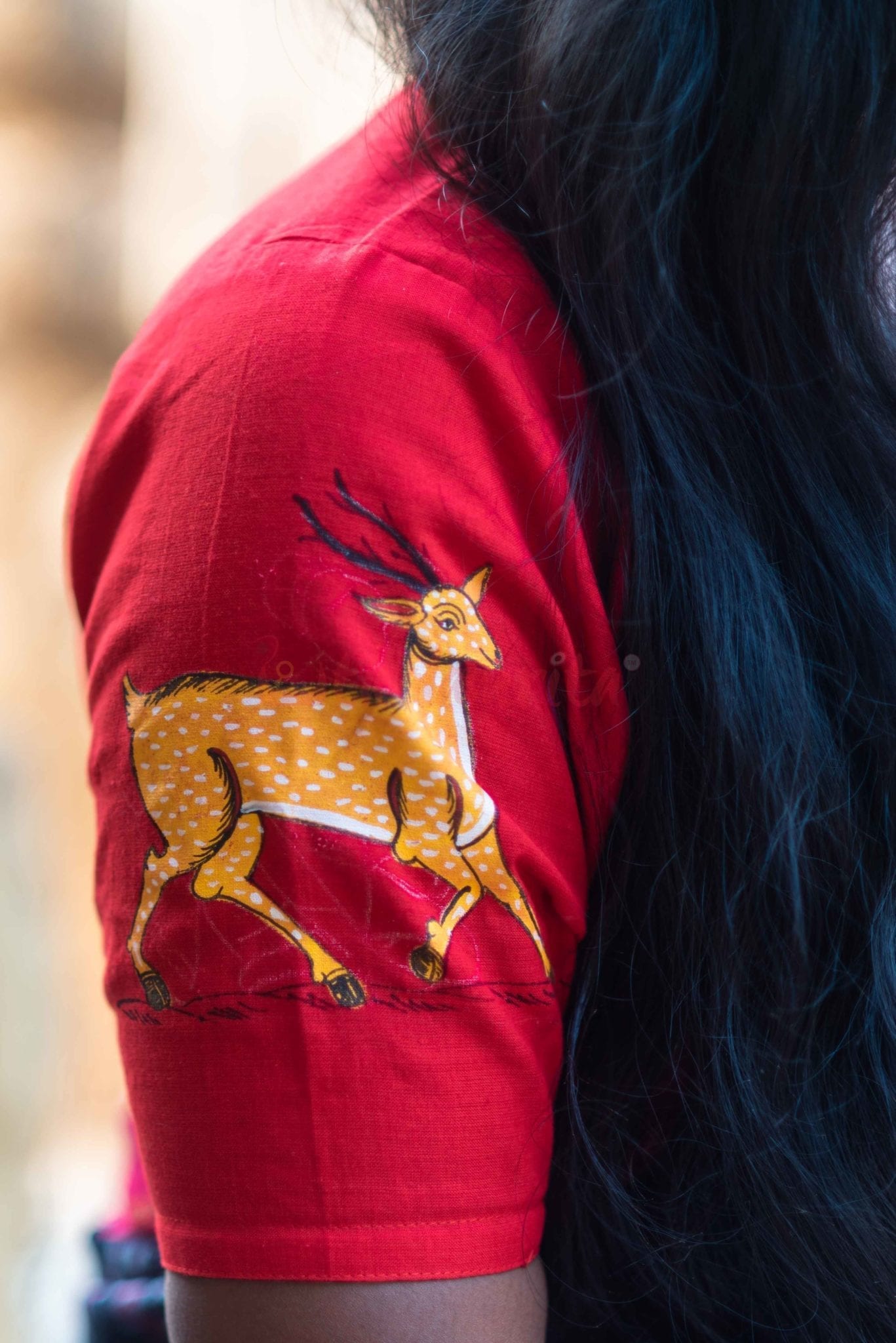 Red Shakuntala and Deer Pattachitra (Blouse)