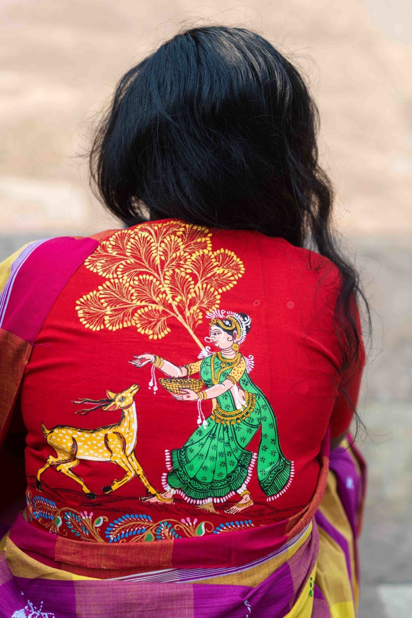 Red Shakuntala and Deer Pattachitra (Blouse)