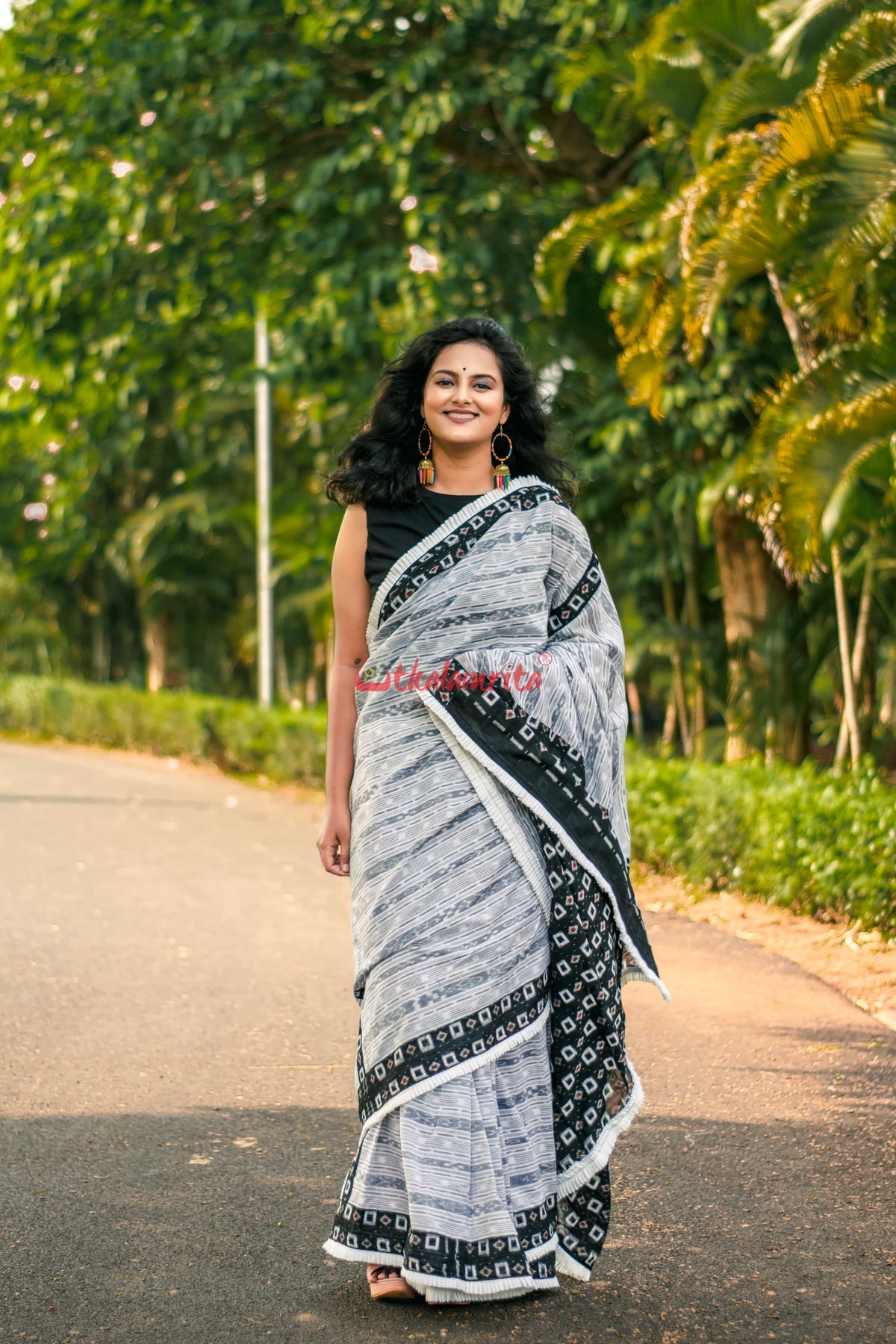 White Ikat Designer Cotton Saree