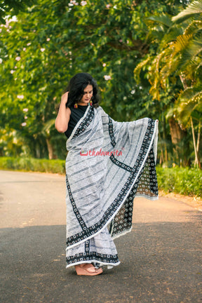 White Ikat Designer Cotton Saree