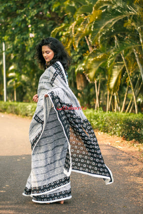 White Ikat Designer Cotton Saree