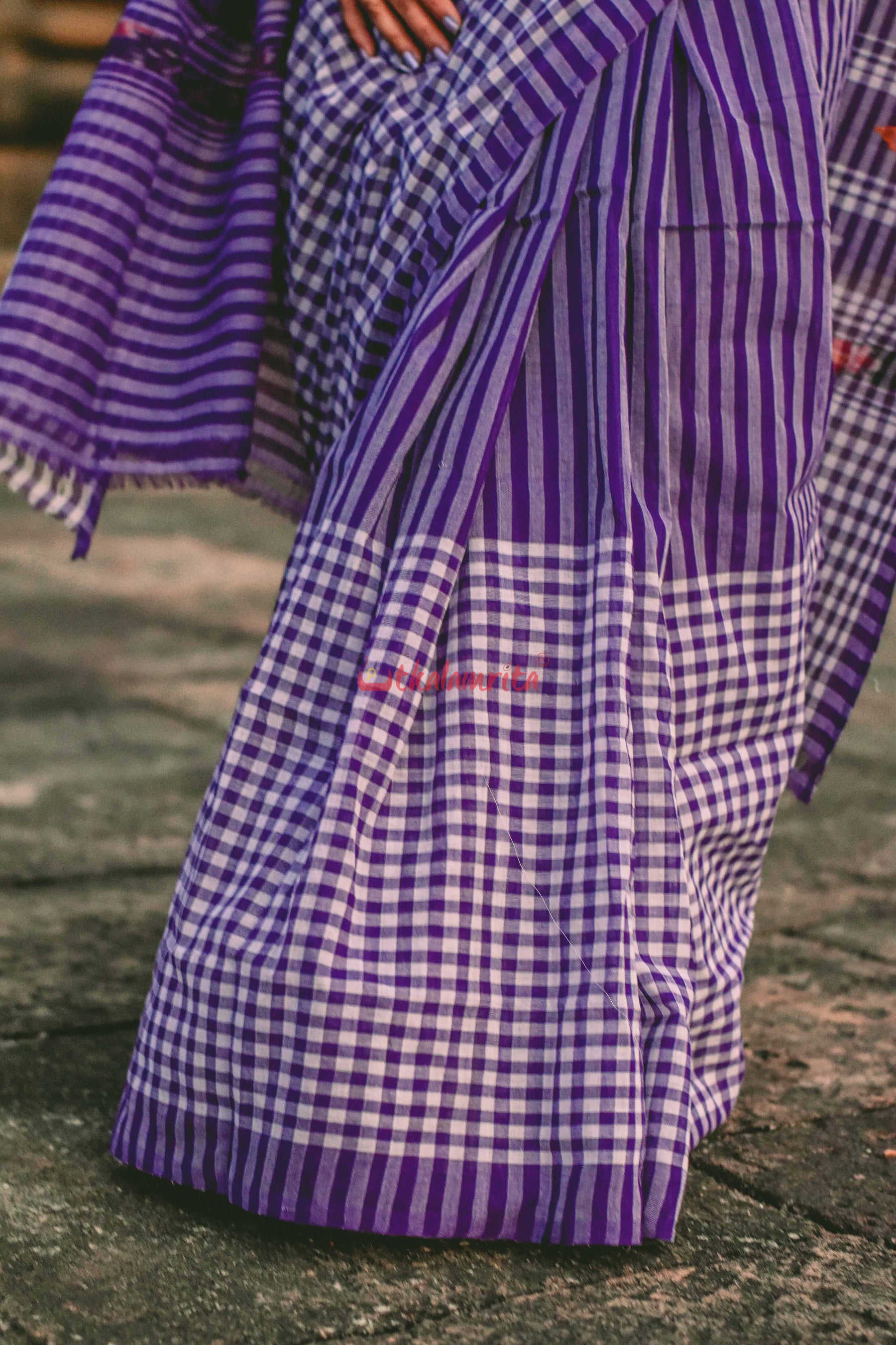 Purple Checks and Stripes Saree