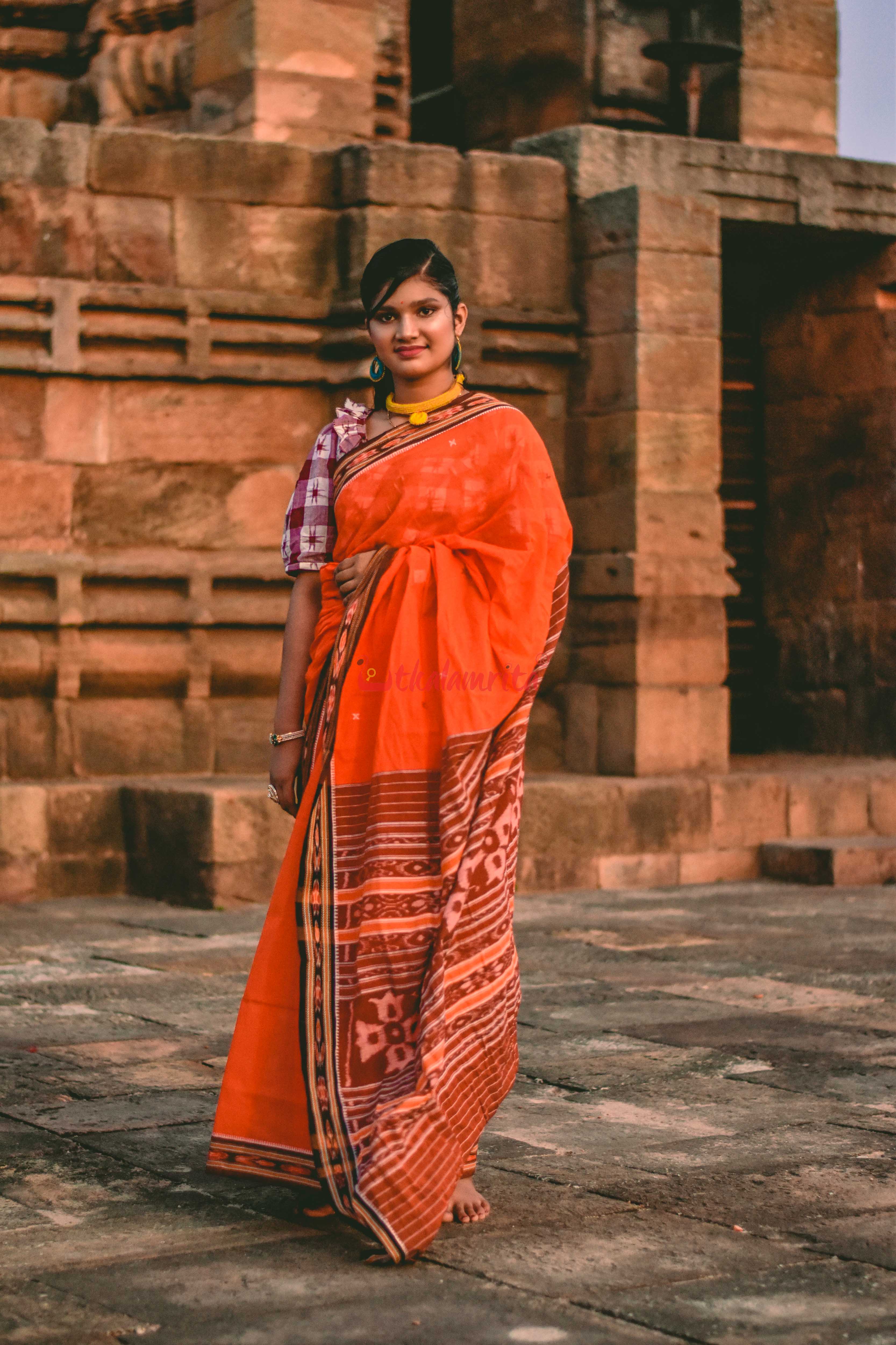 Orange Cross Single Cotton Saree