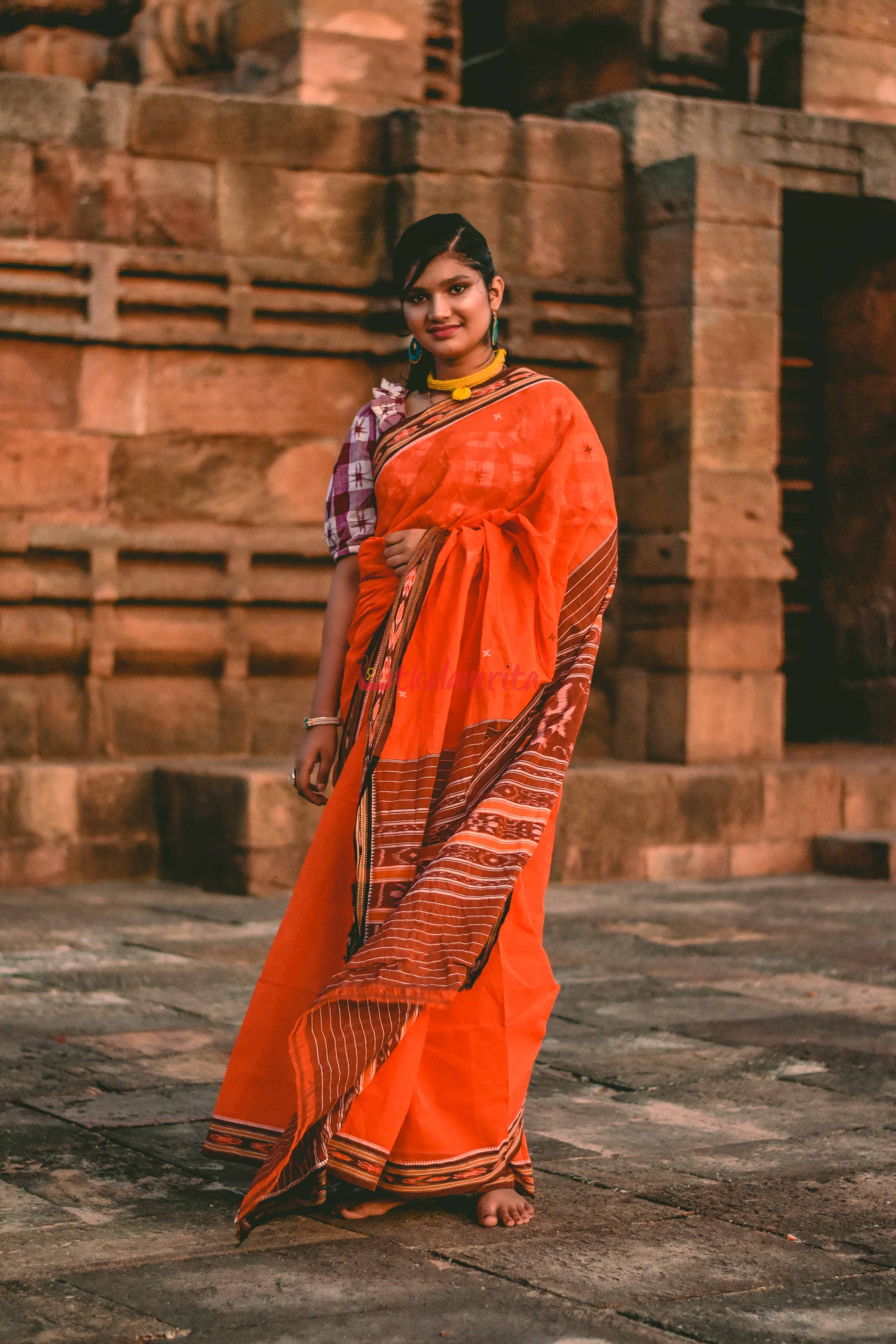 Orange Cross Single Cotton Saree