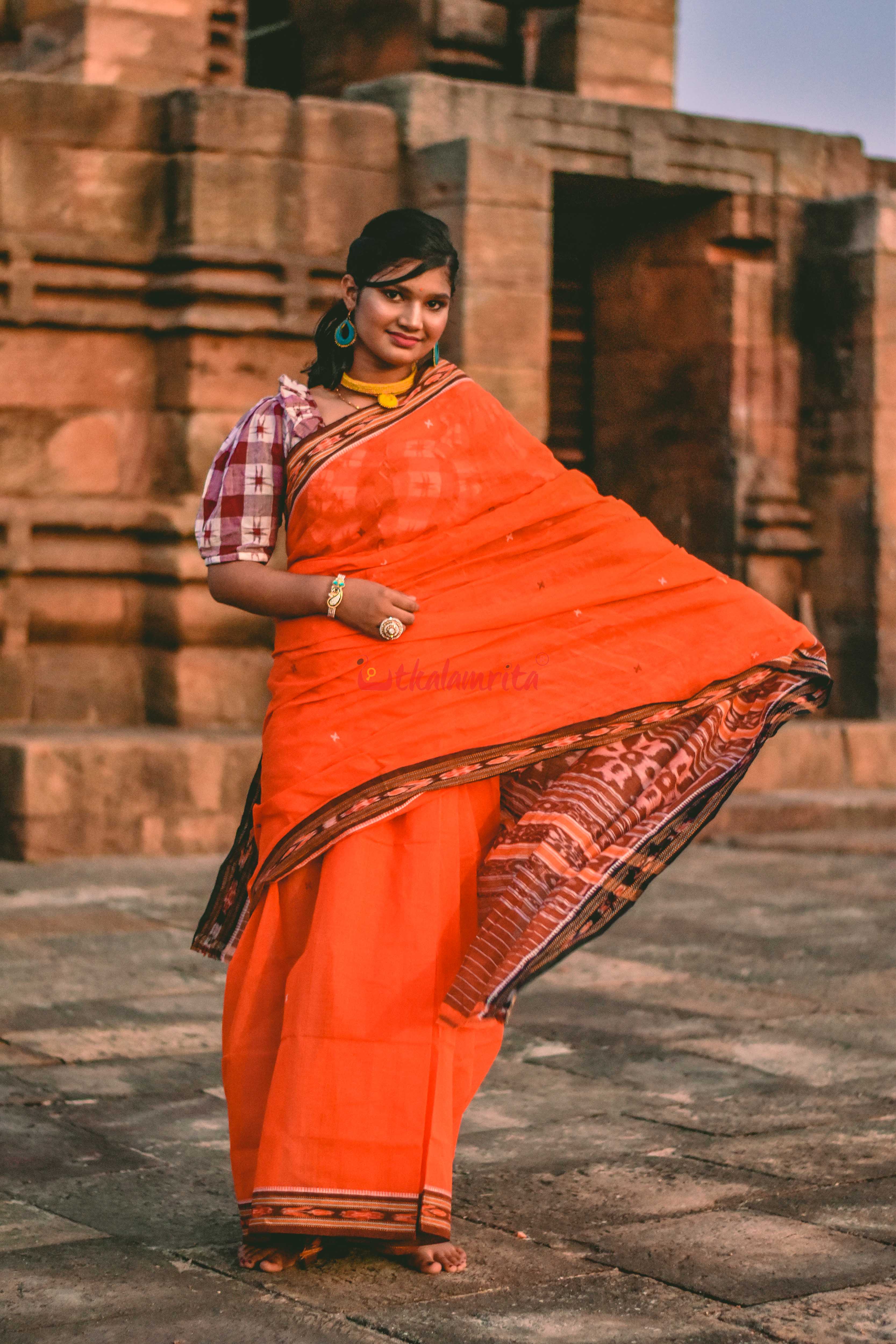 Orange Cross Single Cotton Saree