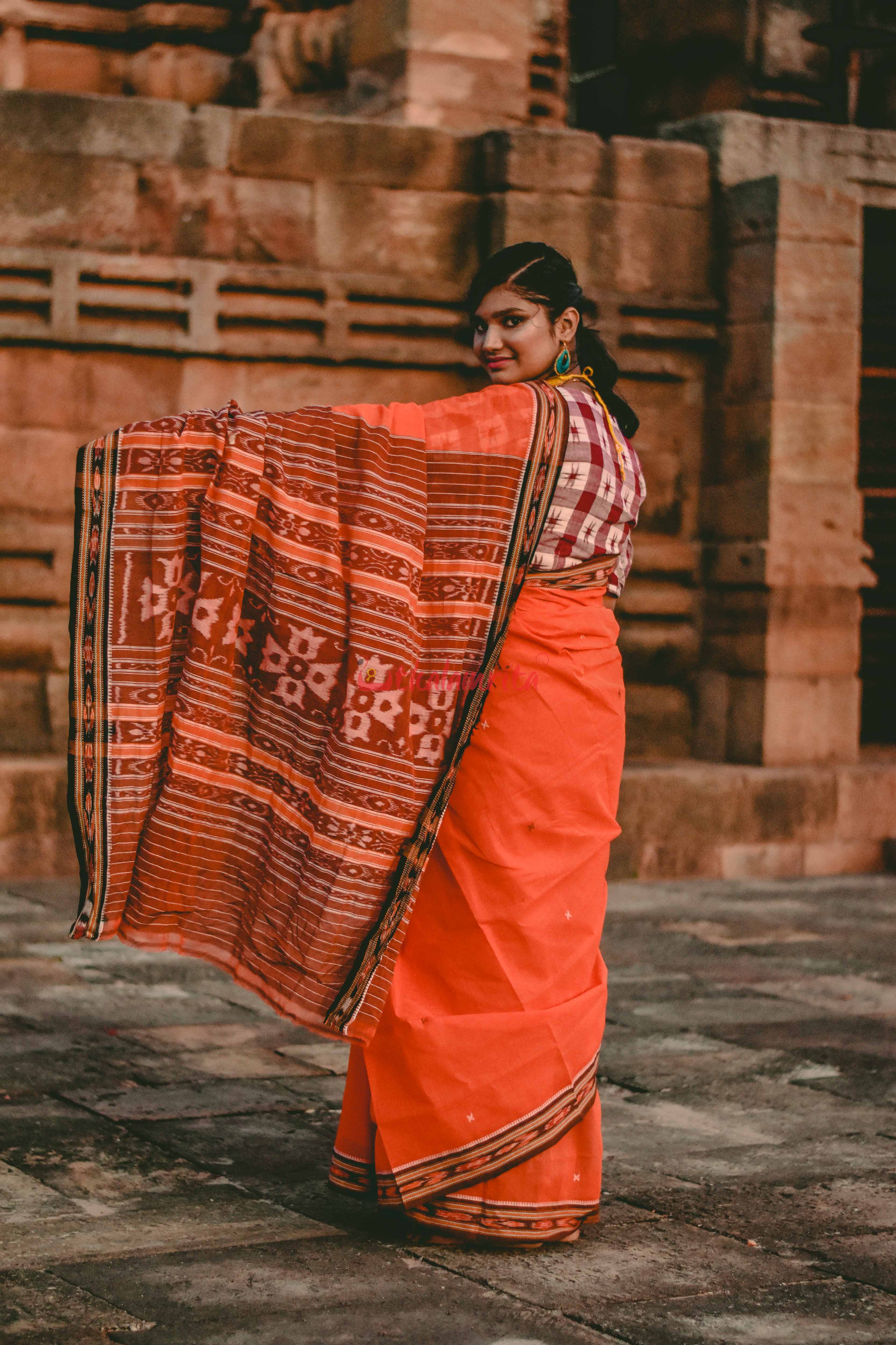 Orange Cross Single Cotton Saree