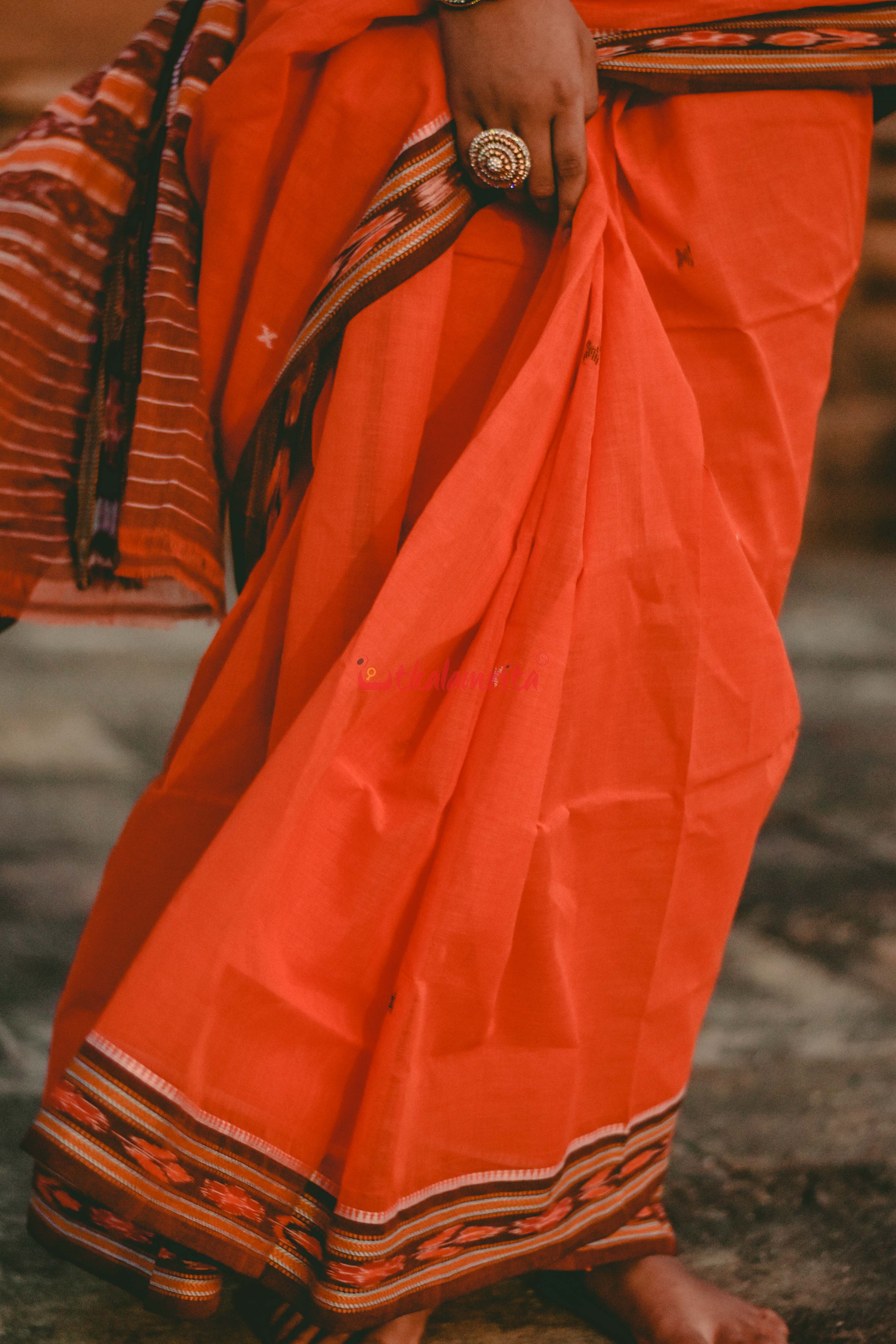 Orange Cross Single Cotton Saree