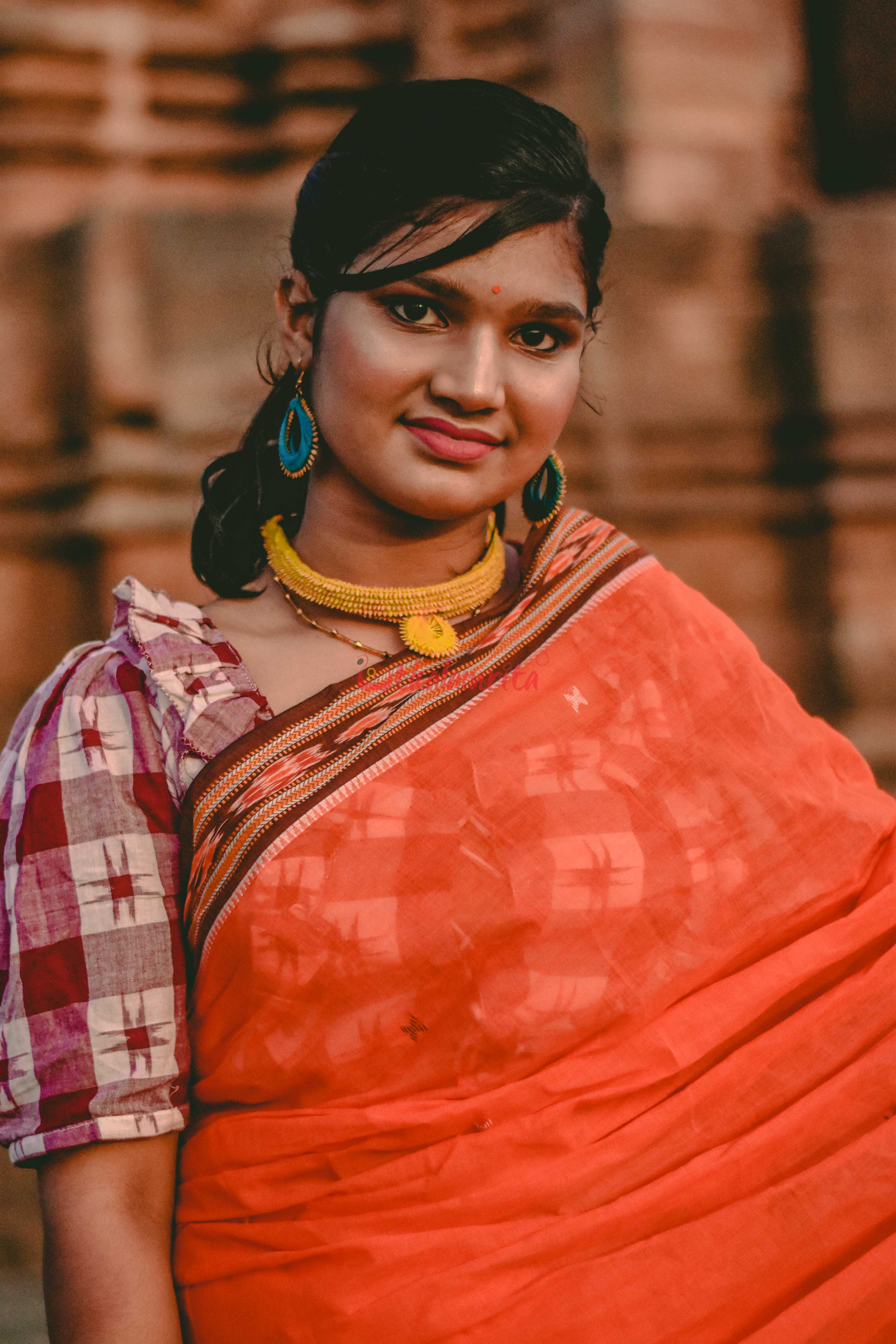 Orange Cross Single Cotton Saree