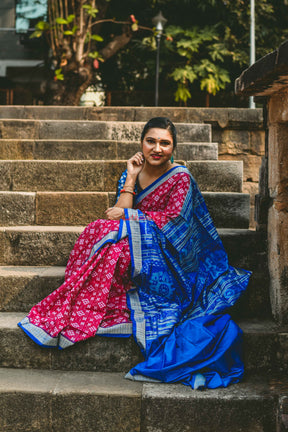 Coffee Red Deer Motif Handloom Ikat Silk Sambalpuri Saree