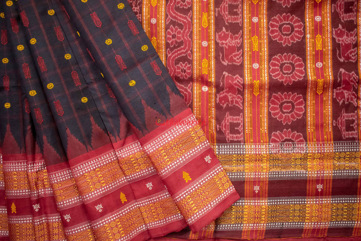 Black Red Hazar Buti Silk Saree