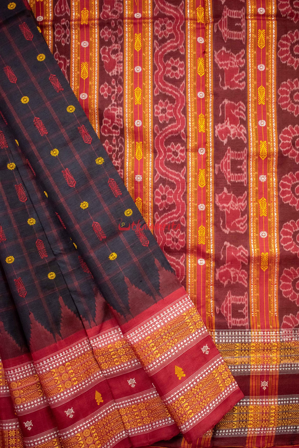 Black Red Hazar Buti Silk Saree