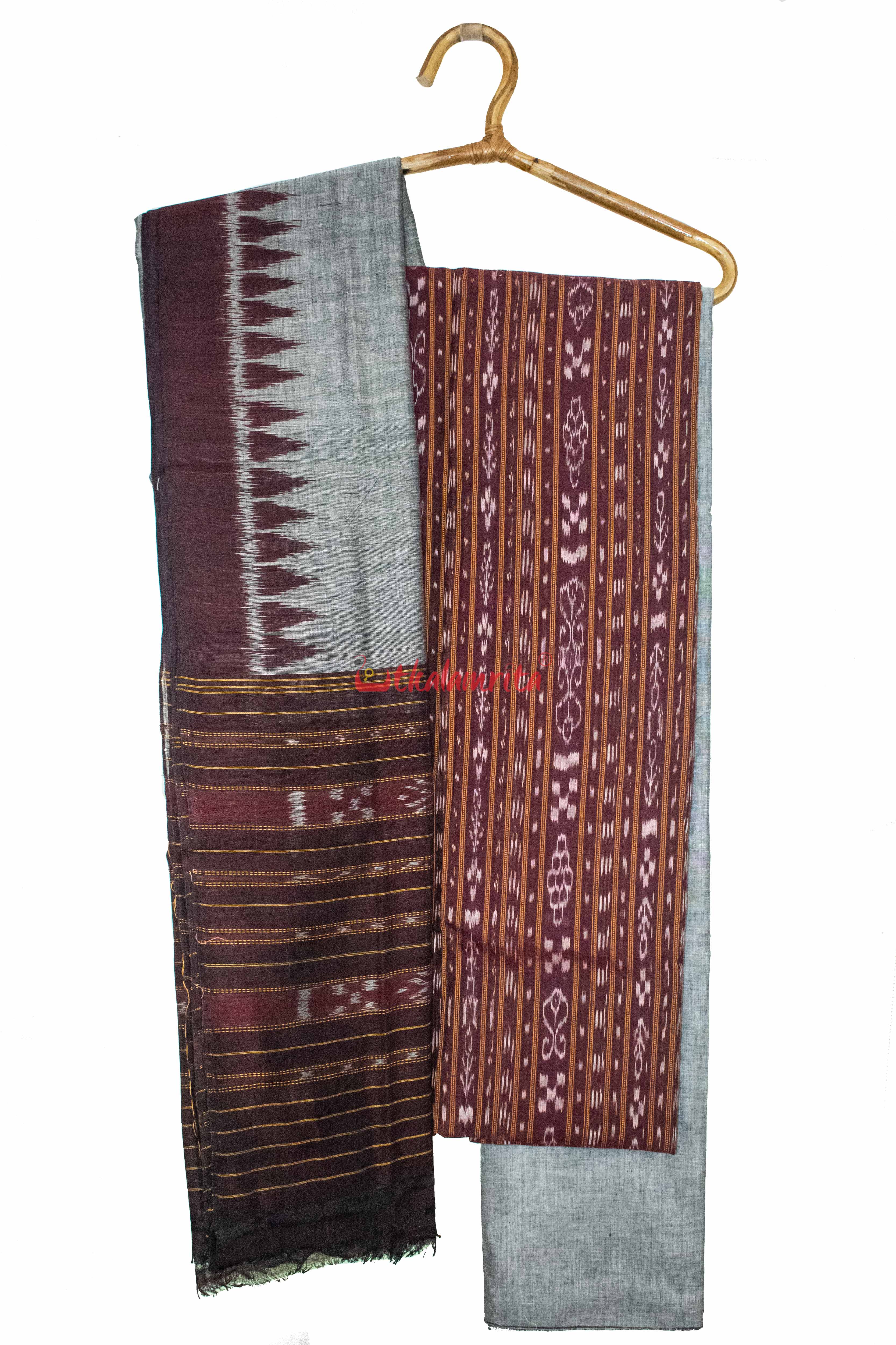 Maroon Grey Ikat Dress Set
