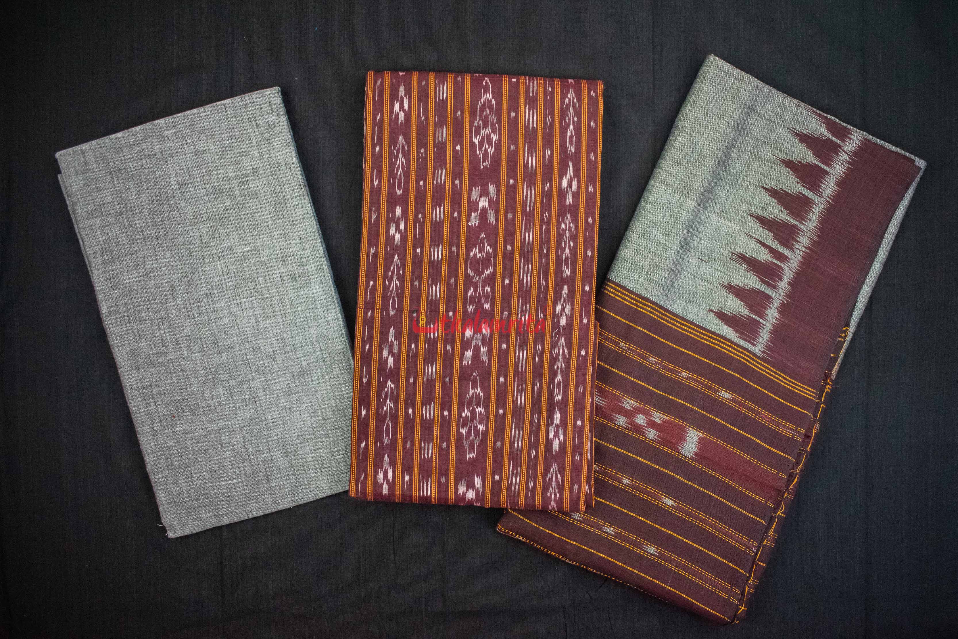 Maroon Grey Ikat Dress Set