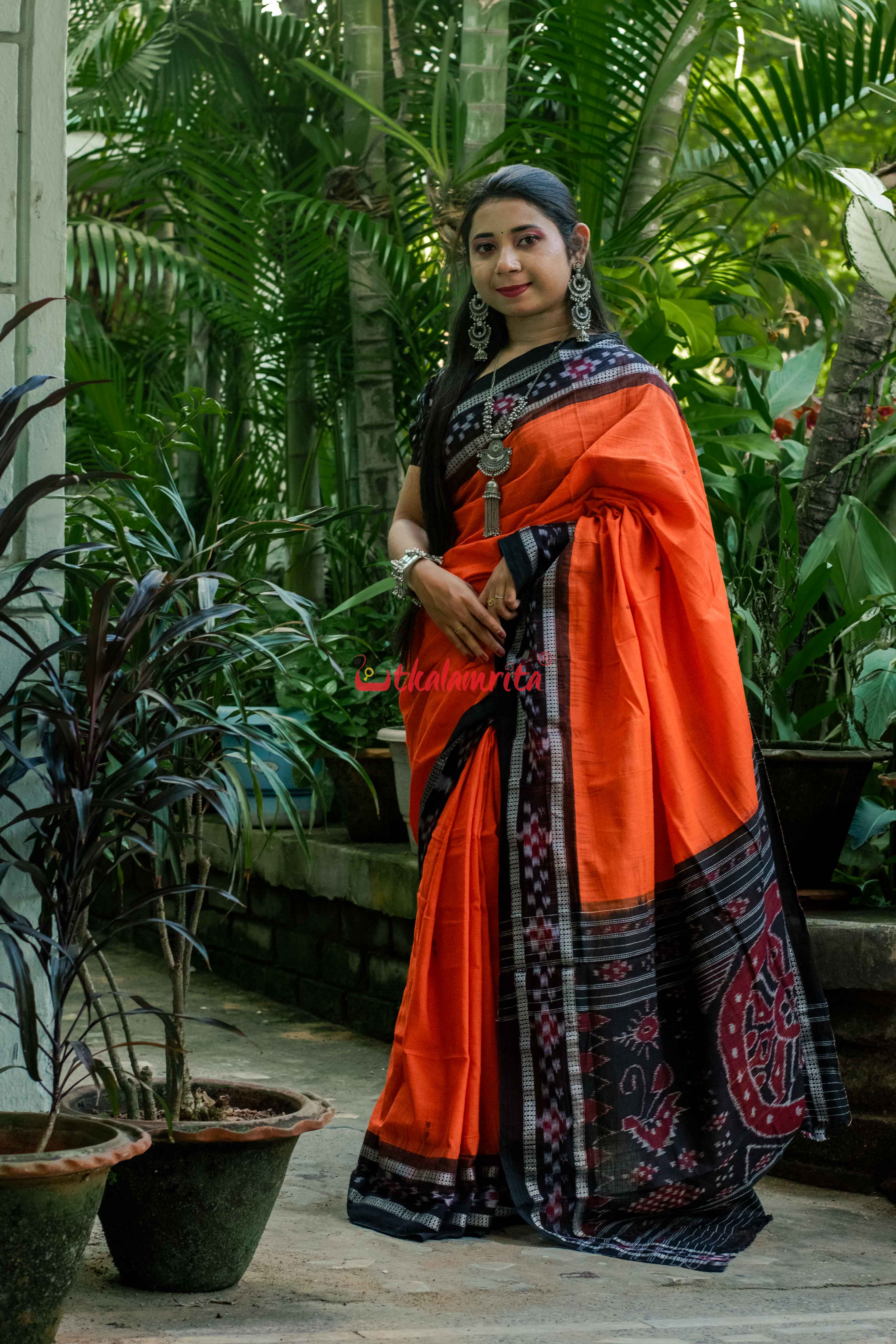 Orange Rekha Buti Khandua Cotton Saree