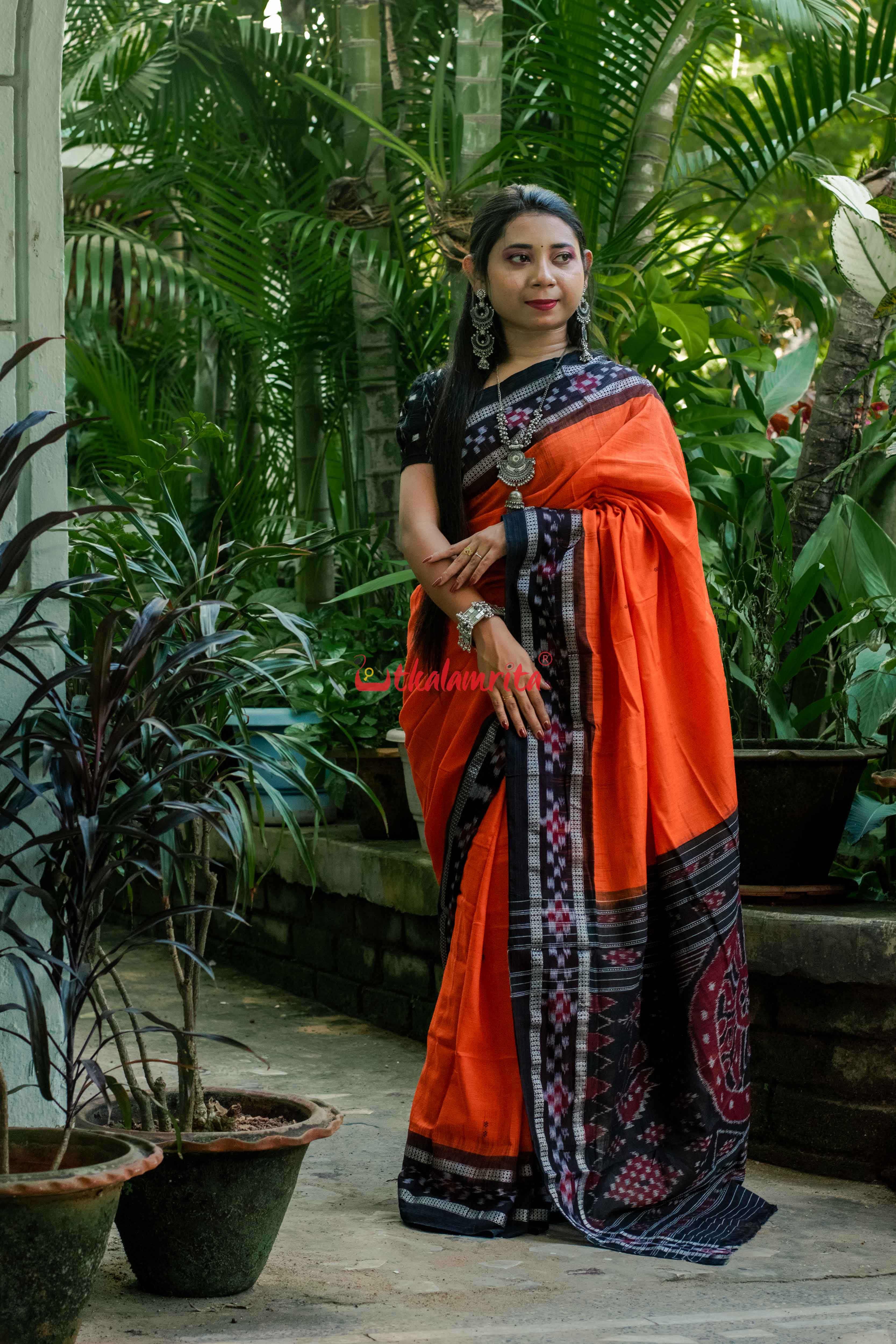 Orange Rekha Buti Khandua Cotton Saree