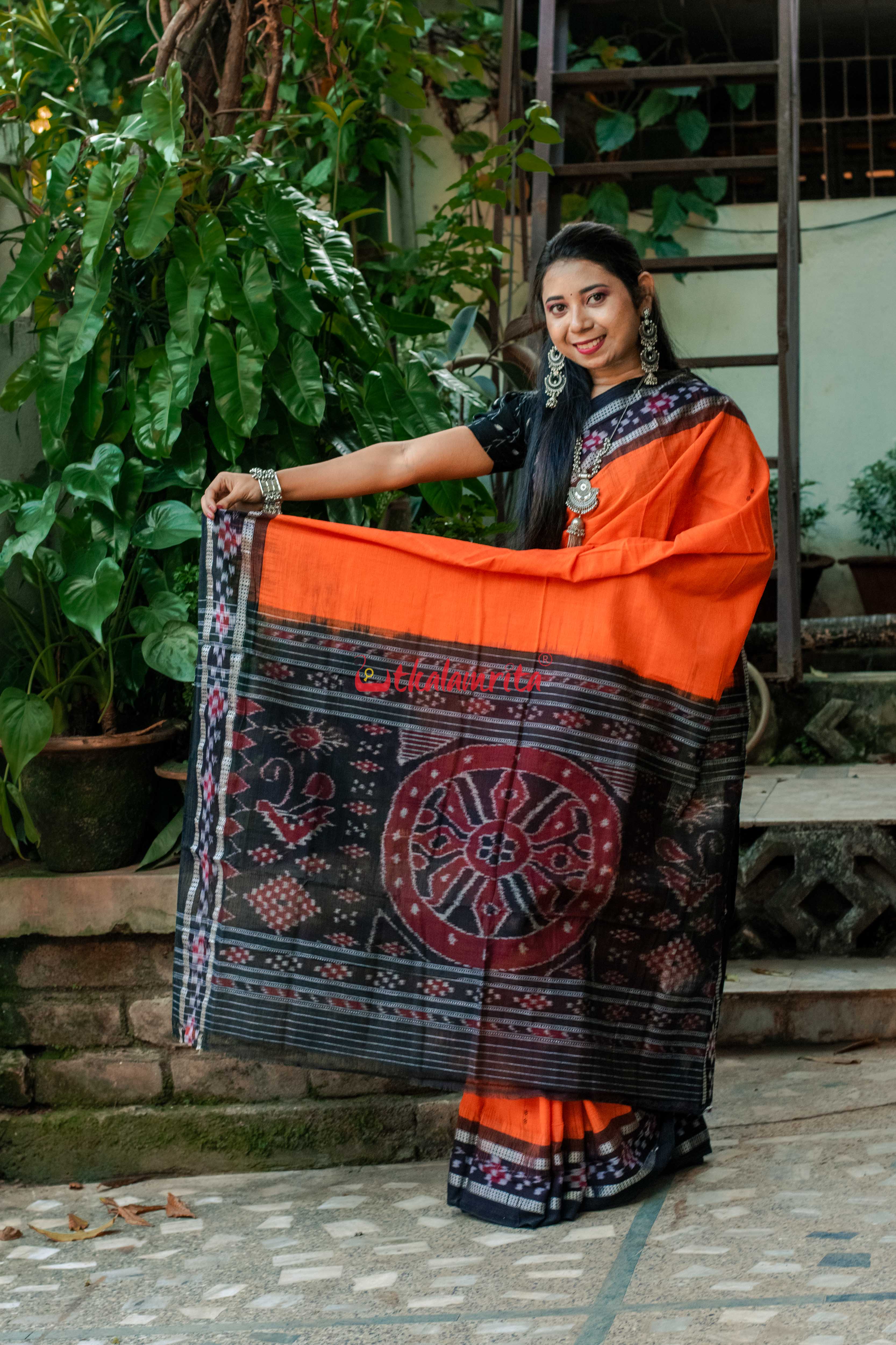 Orange Rekha Buti Khandua Cotton Saree