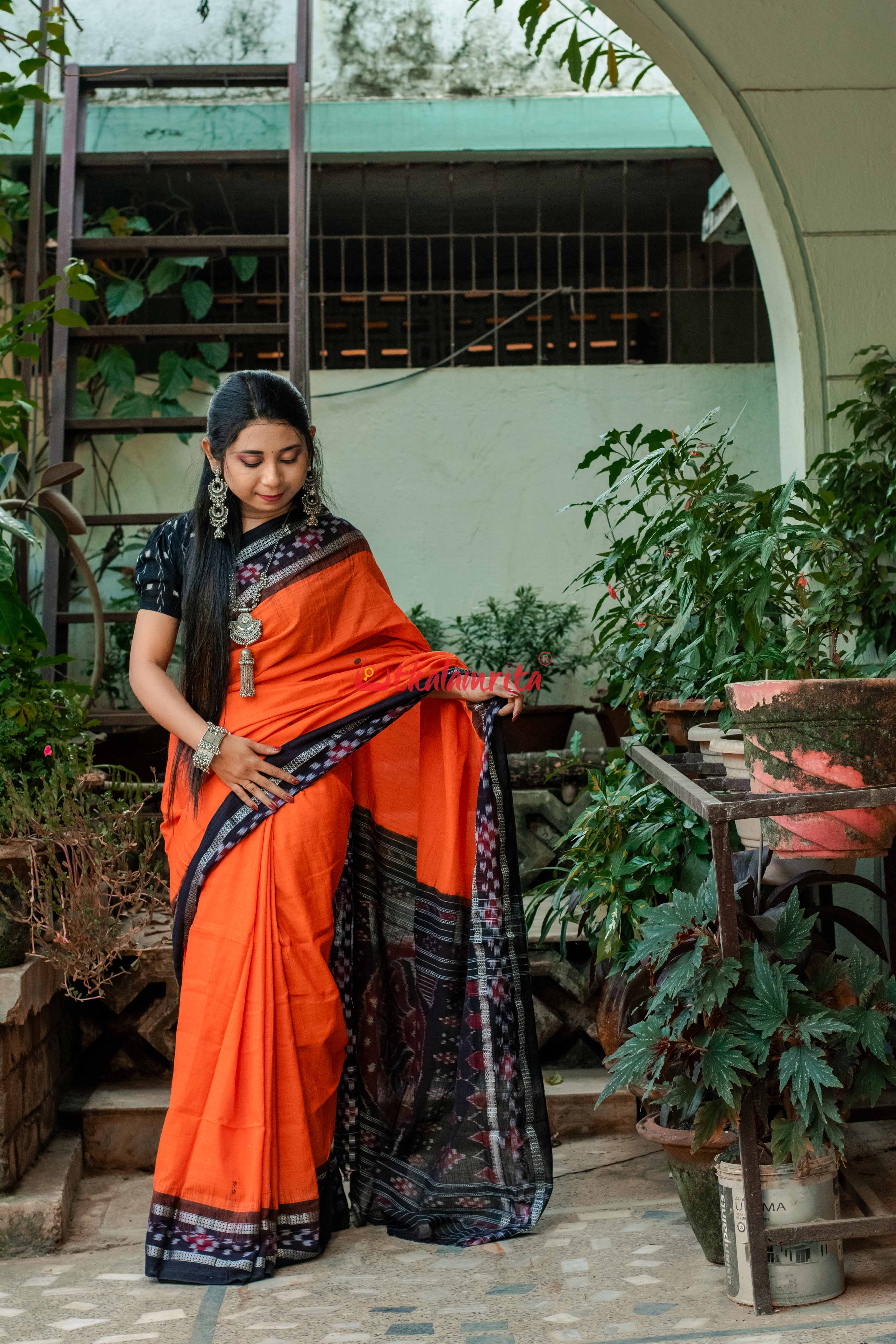 Orange Rekha Buti Khandua Cotton Saree