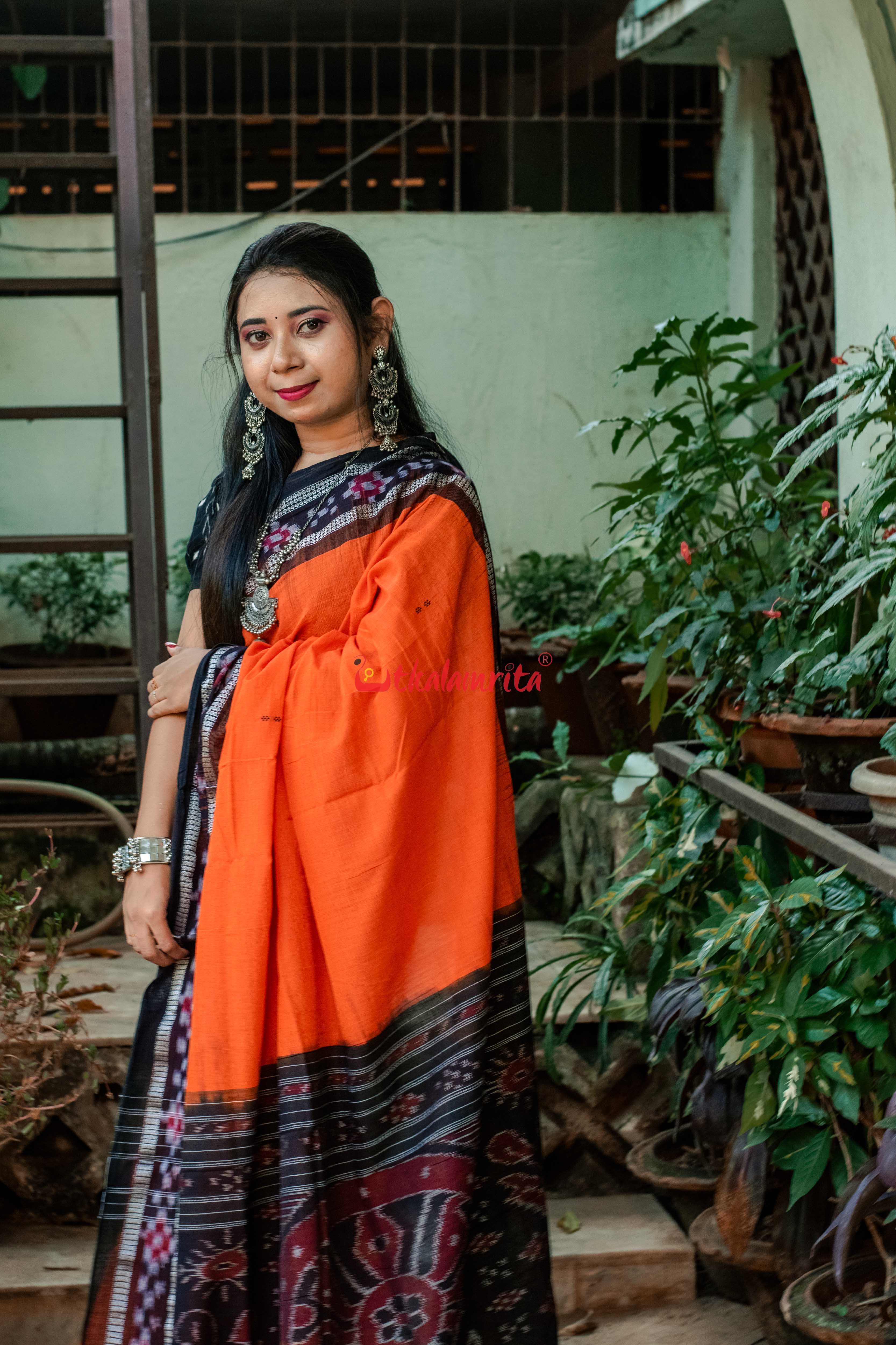 Orange Rekha Buti Khandua Cotton Saree