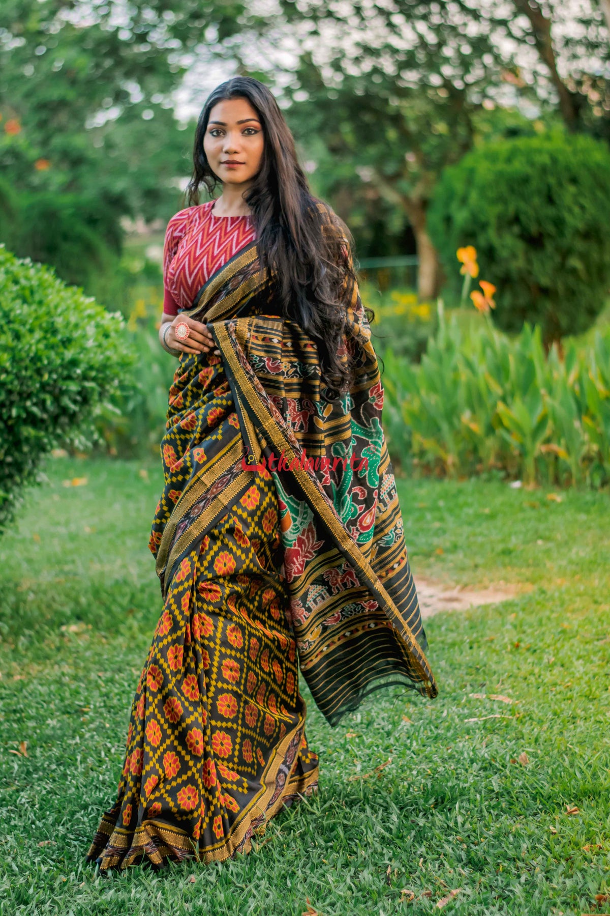 Black Red Flowers Khandua Silk Saree