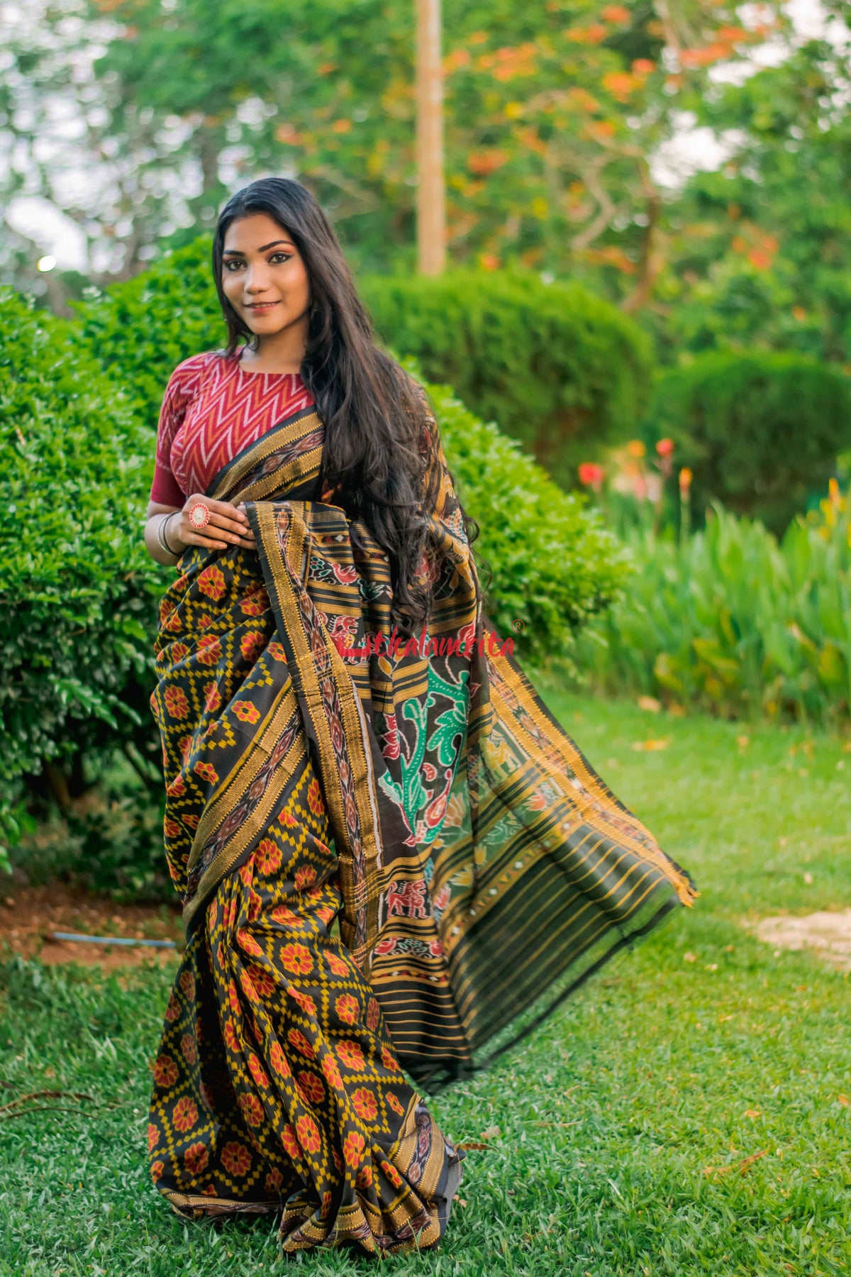 Black Red Flowers Khandua Silk Saree