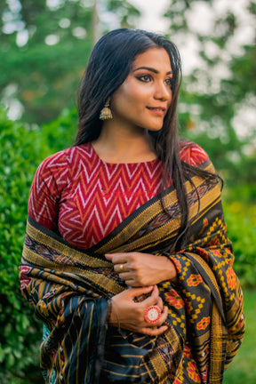 Black Red Flowers Khandua Silk Saree