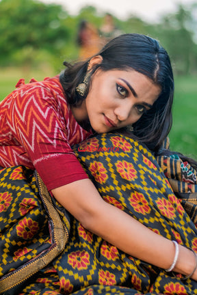 Black Red Flowers Khandua Silk Saree