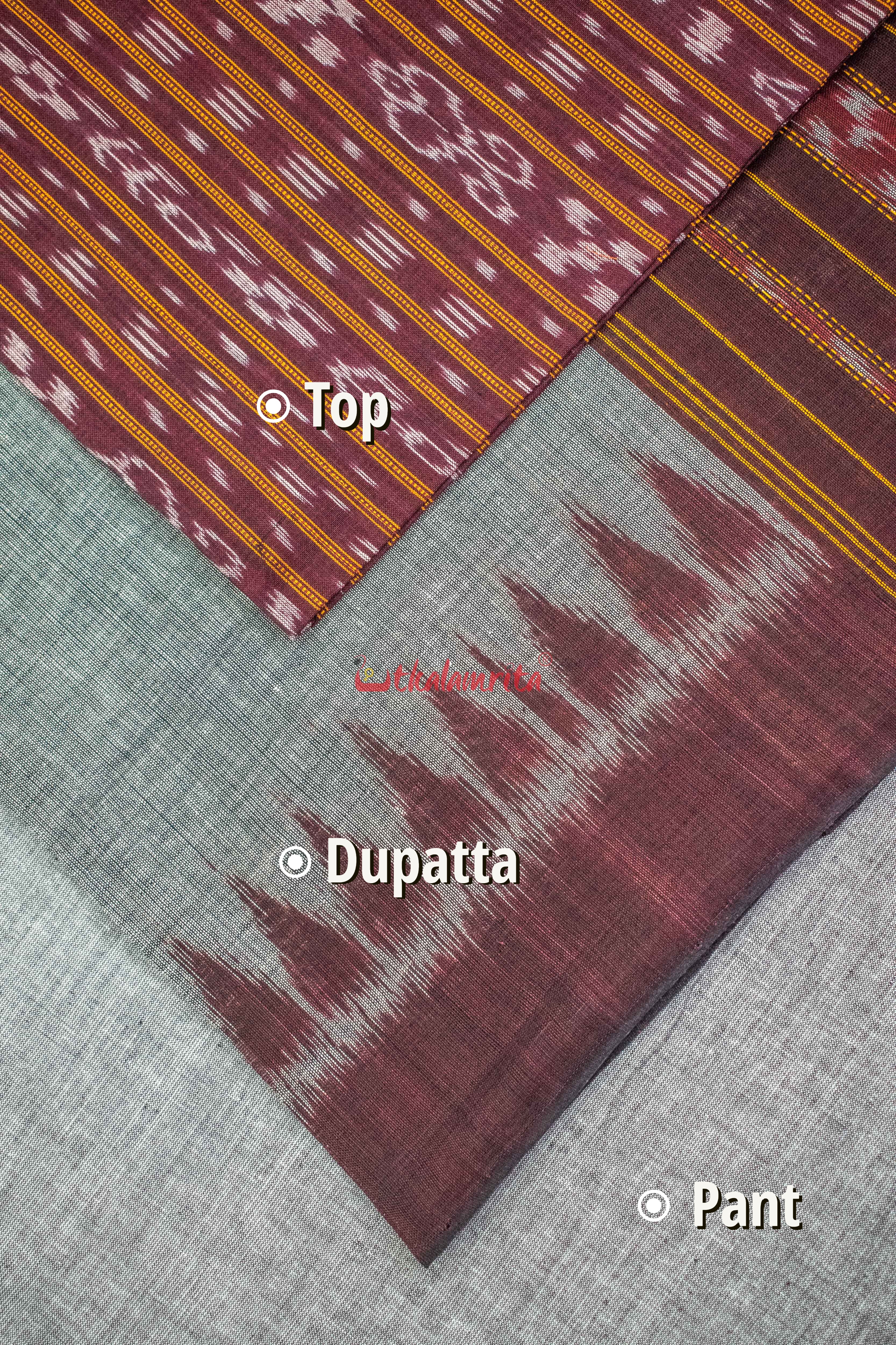 Maroon Grey Ikat Dress Set