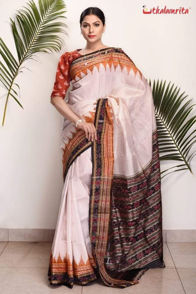 White Orange Khandua Sachipar Silk Saree