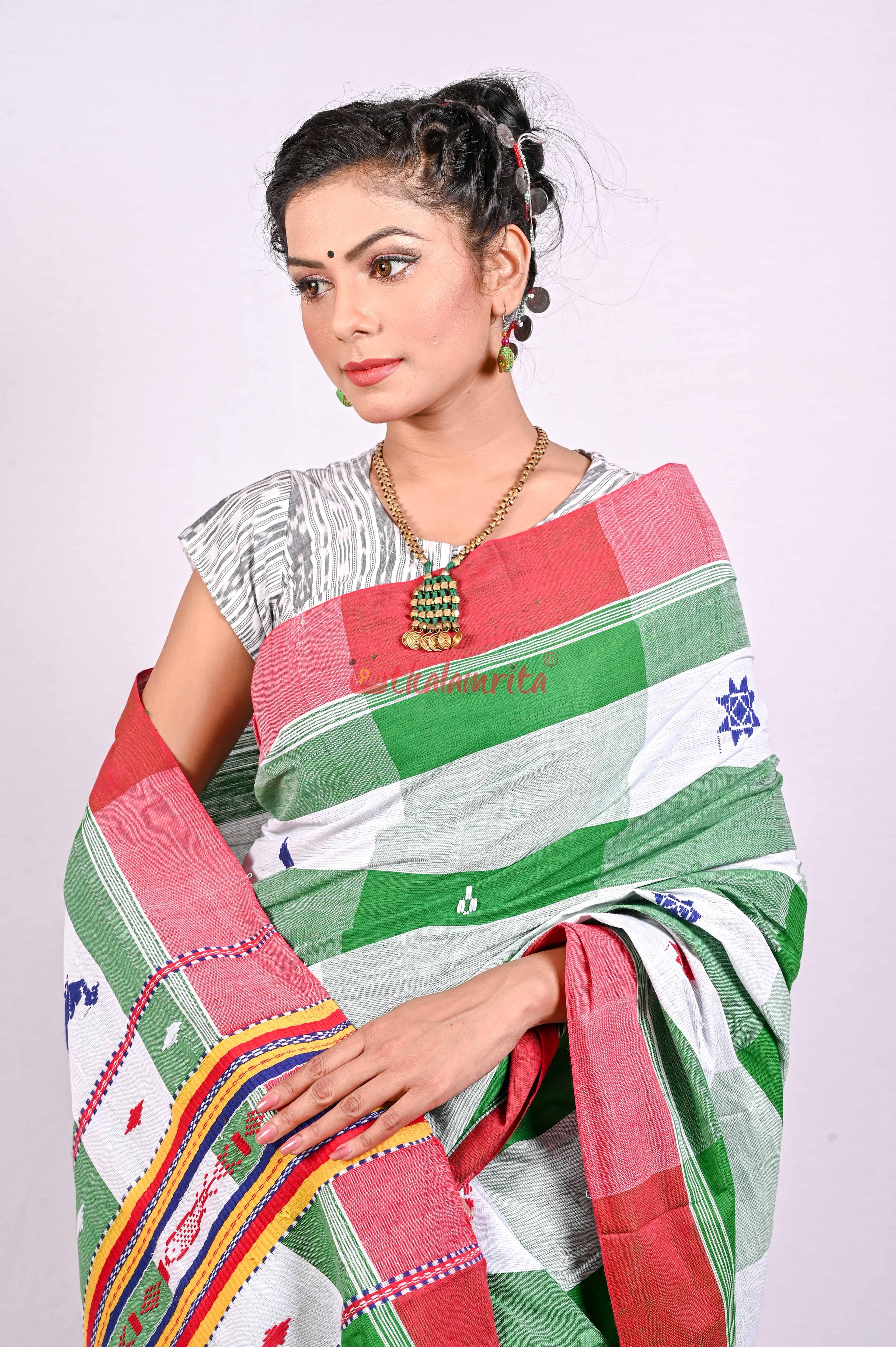 Santhal White Green Thick Stripes