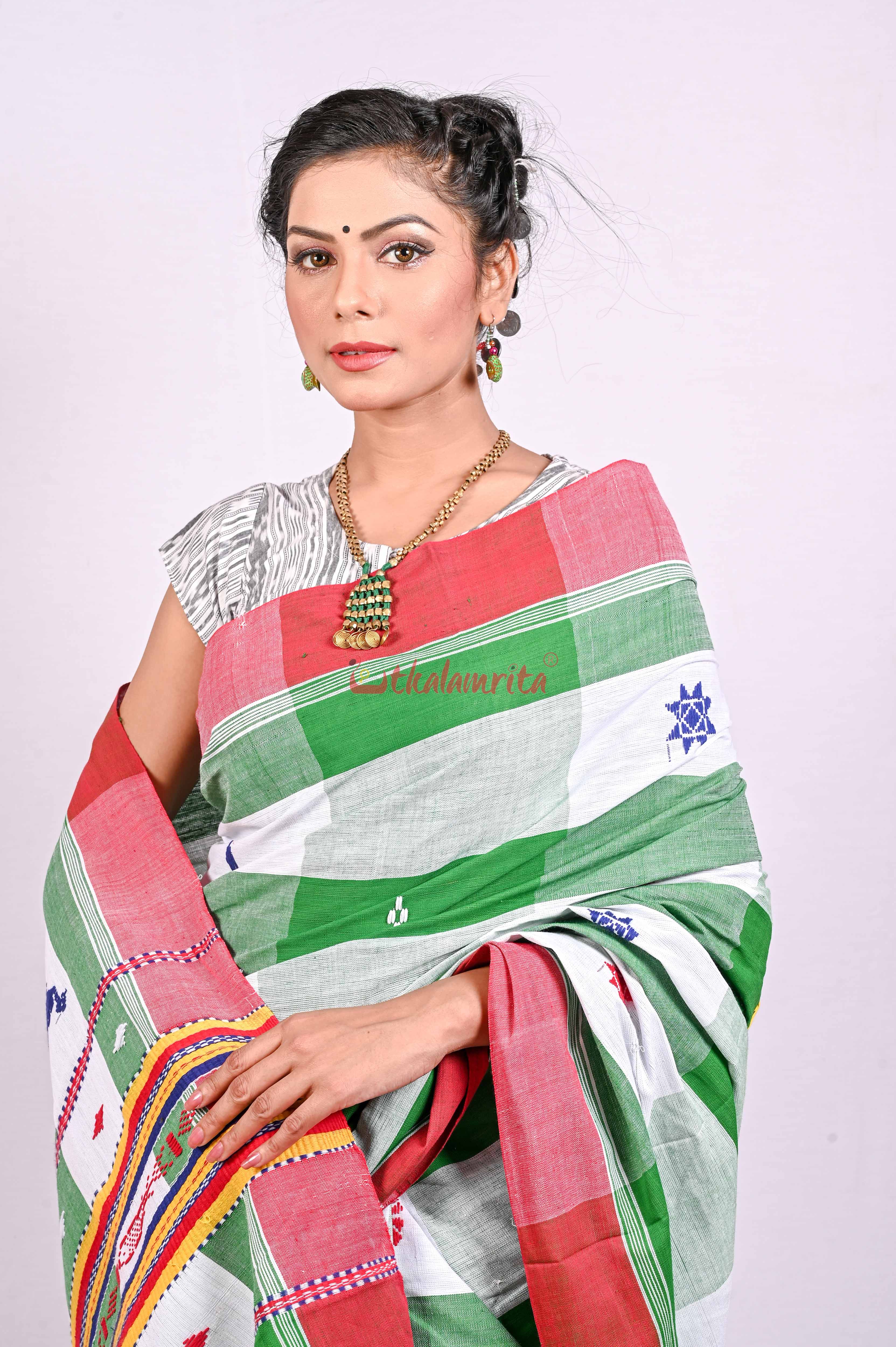 Santhal White Green Thick Stripes