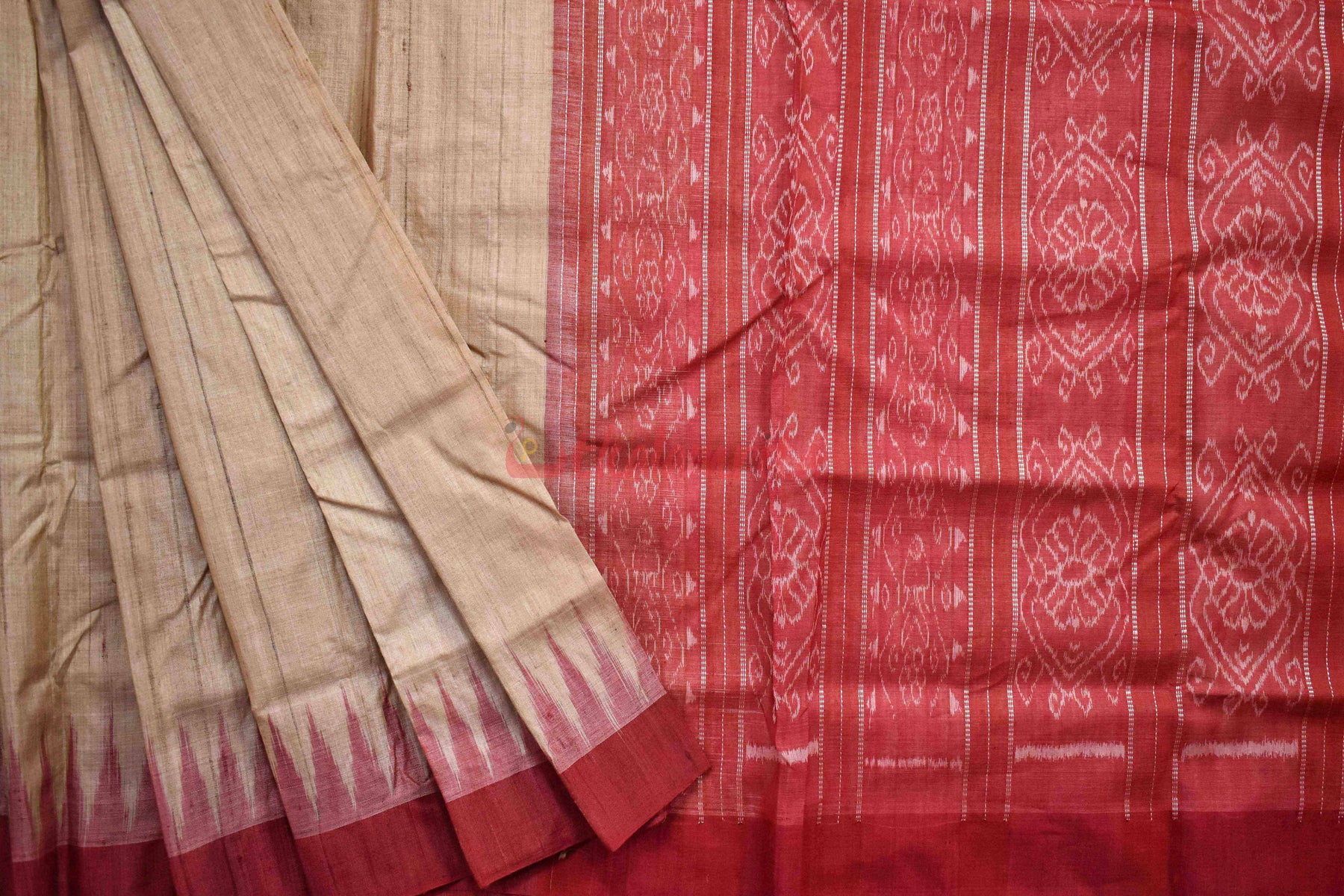 Gopalpur Tussar Beige with Red Border Saree