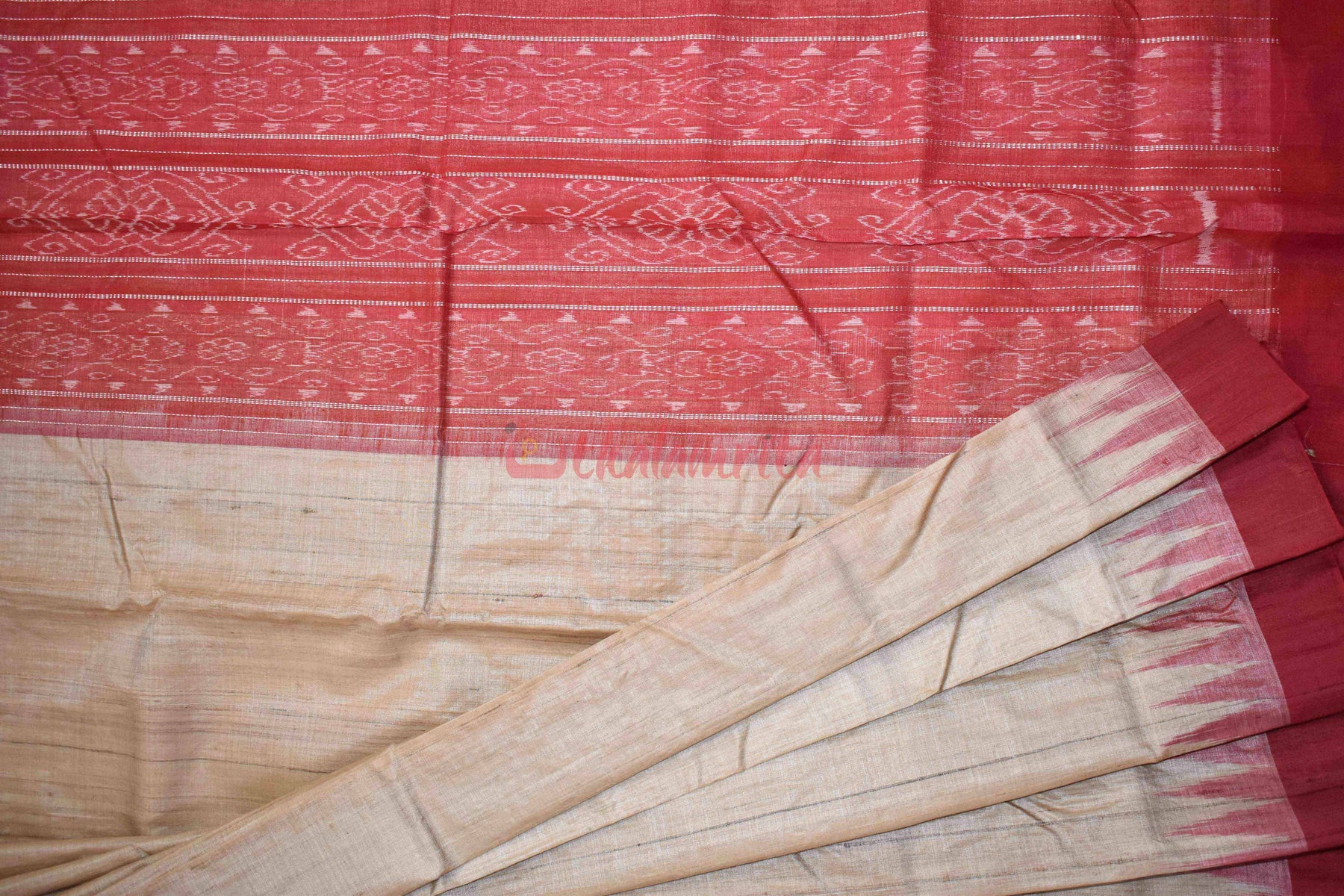 Gopalpur Tussar Beige with Red Border Saree